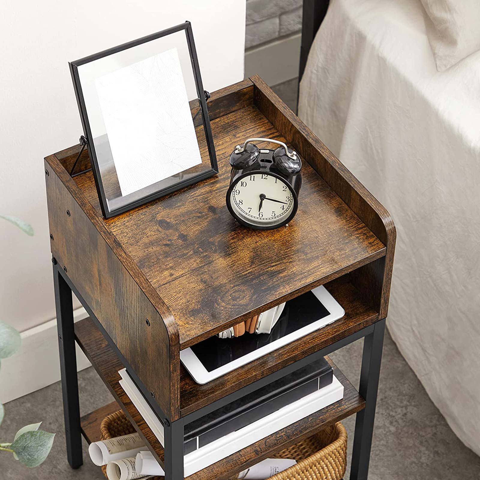 Side Table - Engineered Wood - Rustic Brown and Black - Space-Saving with Open Compartment and 2 Shelves
