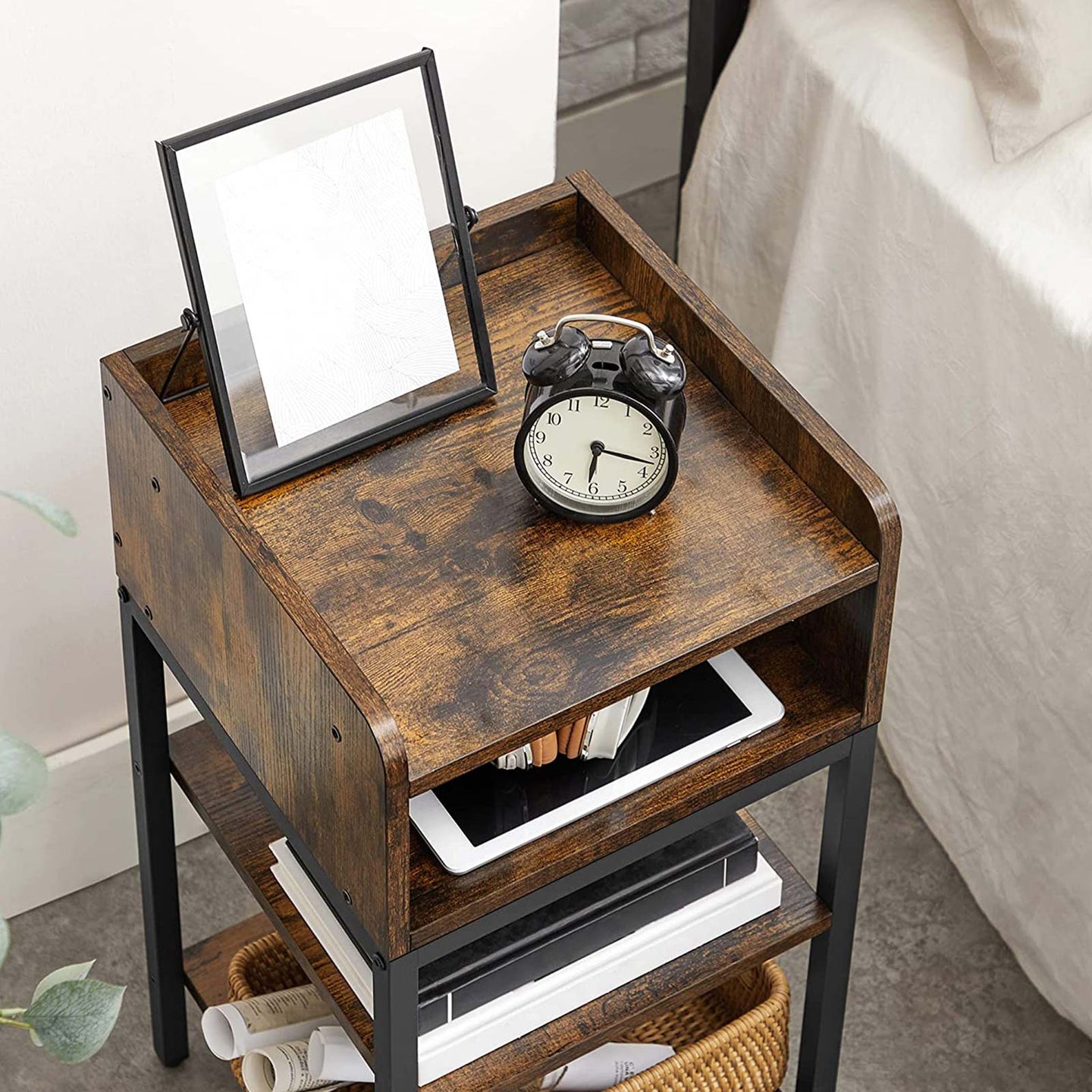 Side Table - Engineered Wood - Rustic Brown and Black - Space-Saving with Open Compartment and 2 Shelves