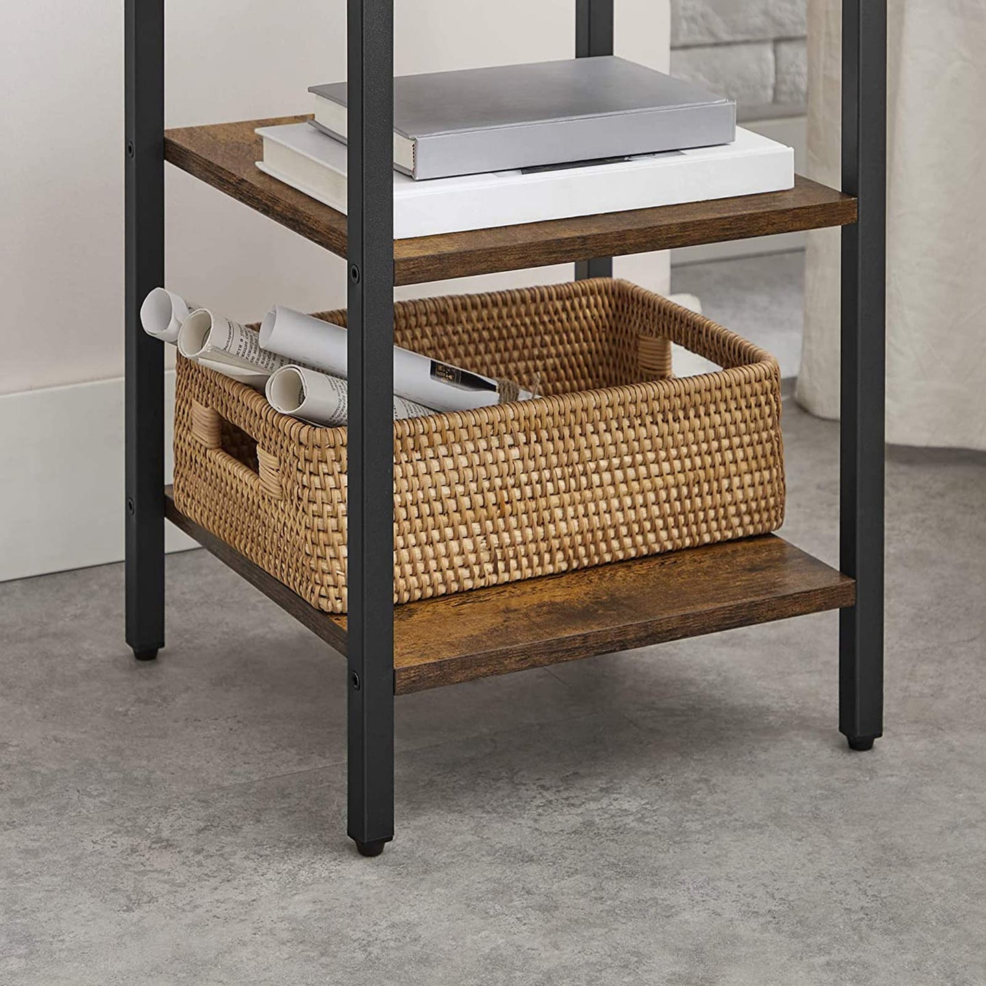 Side Table - Engineered Wood - Rustic Brown and Black - Space-Saving with Open Compartment and 2 Shelves