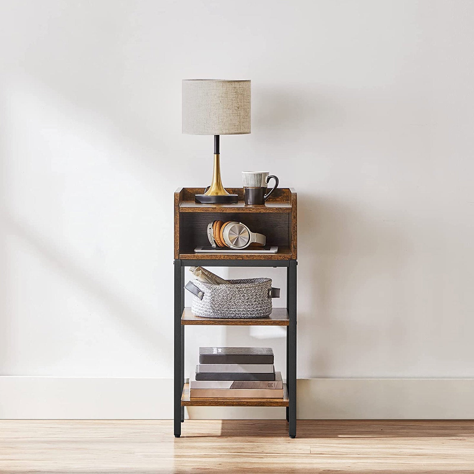 Side Table - Engineered Wood - Rustic Brown and Black - Space-Saving with Open Compartment and 2 Shelves