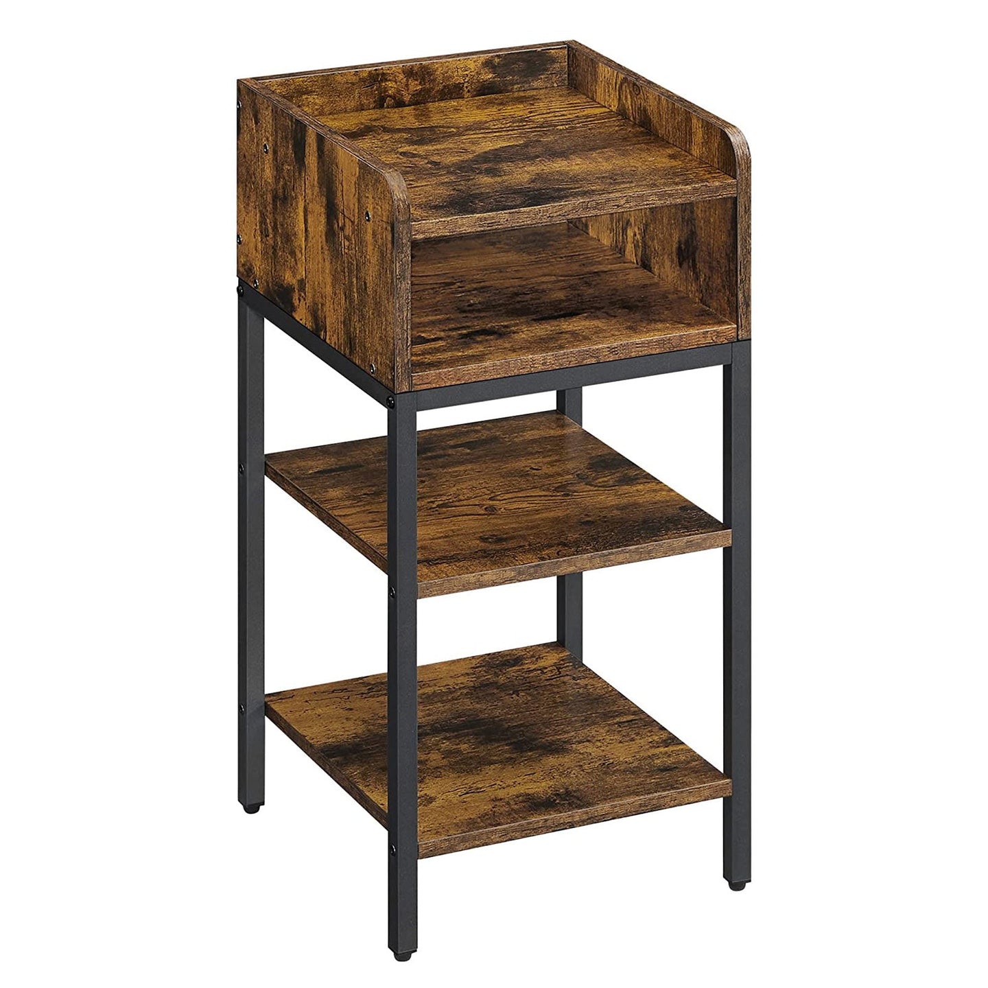 Side Table - Engineered Wood - Rustic Brown and Black - Space-Saving with Open Compartment and 2 Shelves