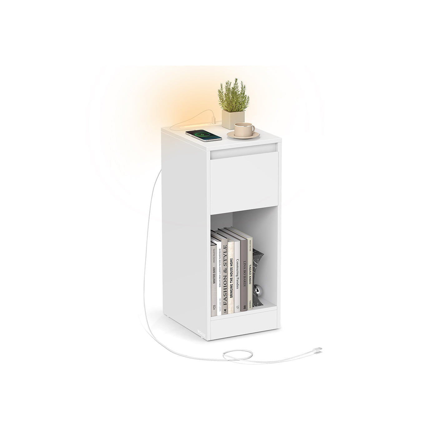 Record Player Stand - Wood - Cloud White - Vinyl Storage with Charging Station and LED Light