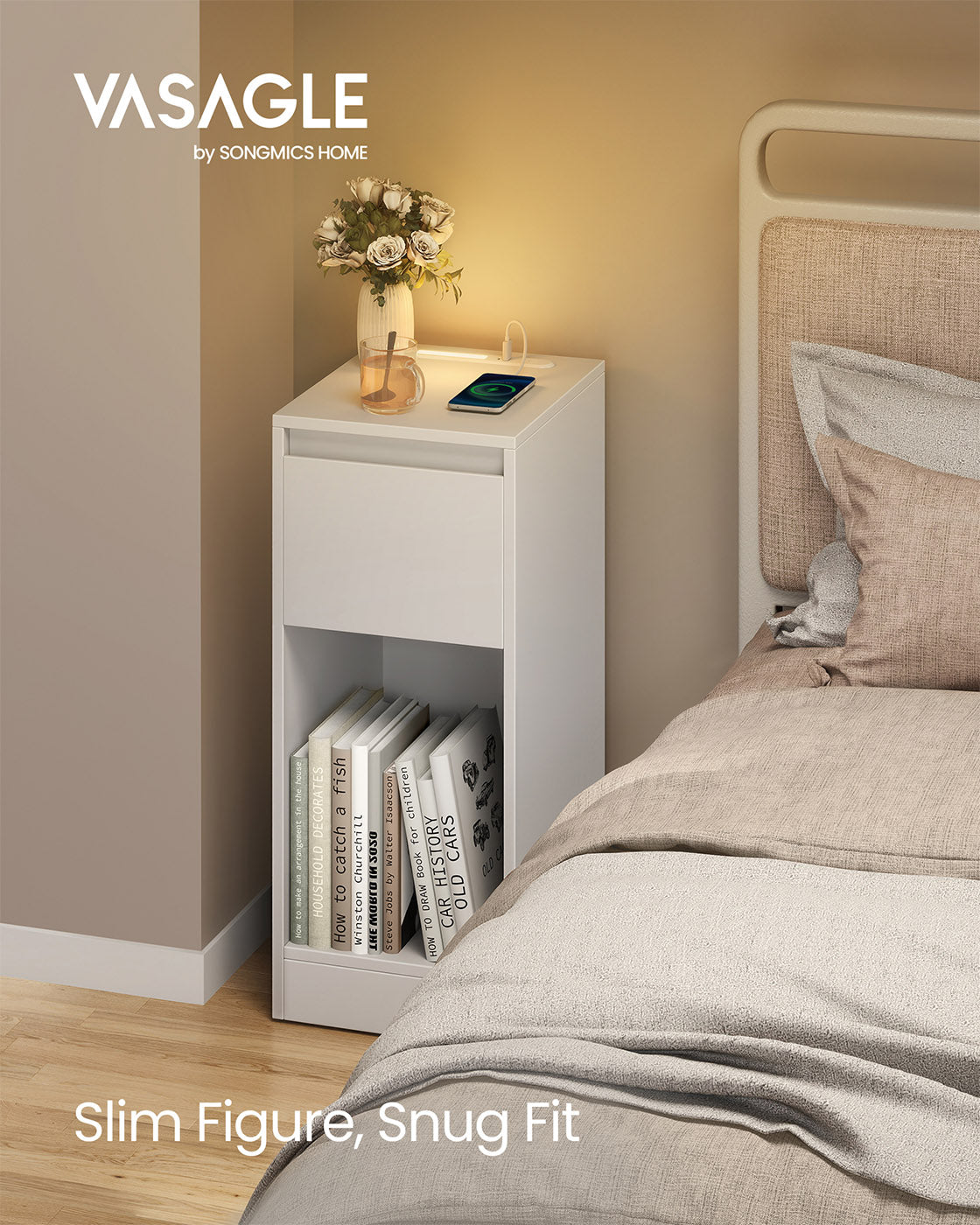 Record Player Stand - Wood - Cloud White - Vinyl Storage with Charging Station and LED Light
