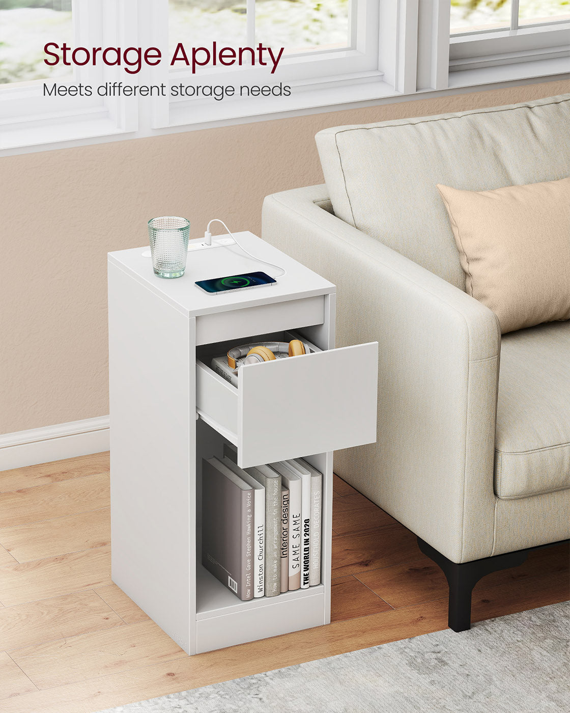 Record Player Stand - Wood - Cloud White - Vinyl Storage with Charging Station and LED Light