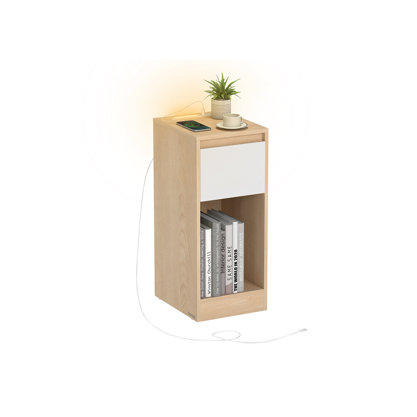 Record Player Stand - Wood - Cloud White - Vinyl Storage with Charging Station and LED Light