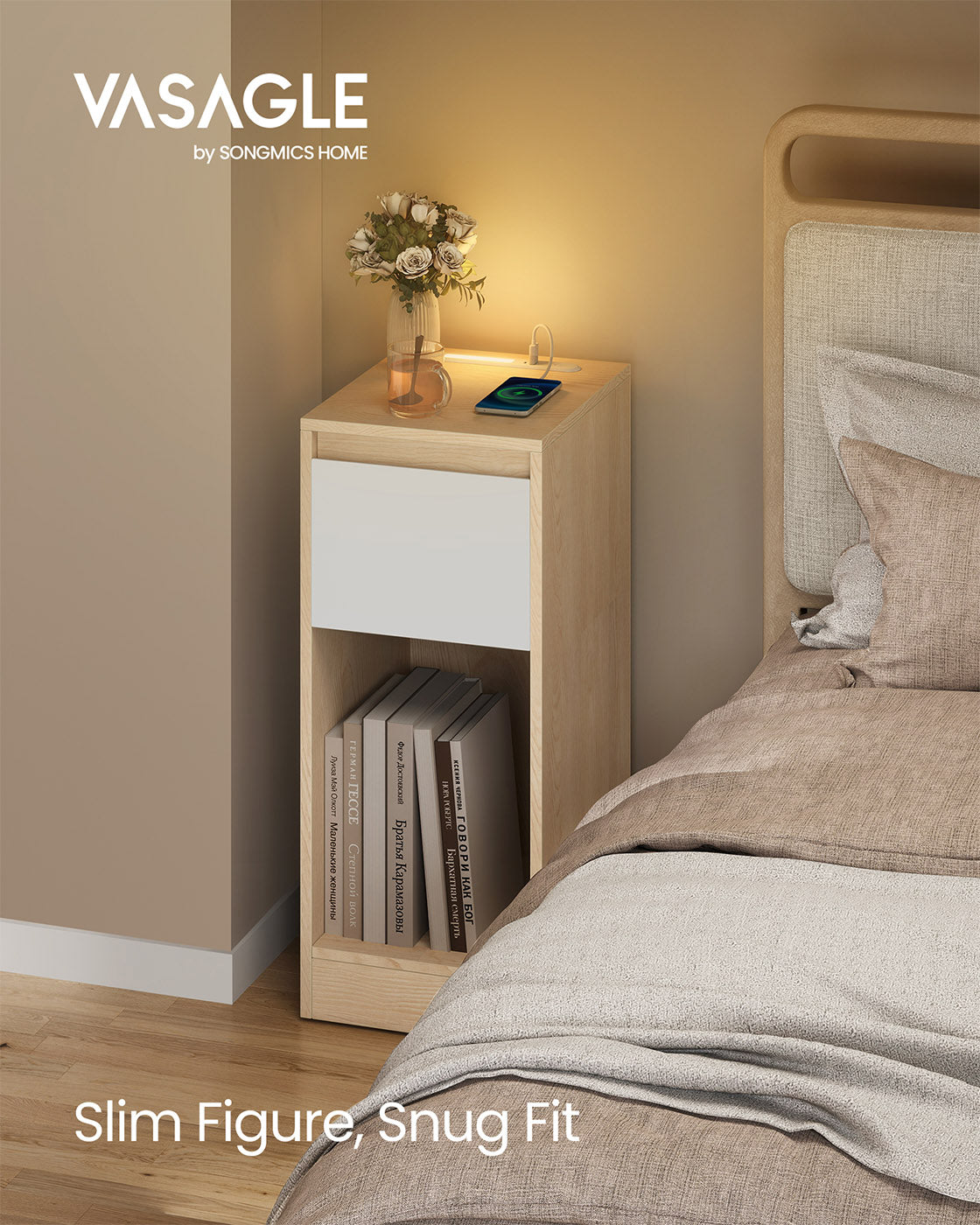 Record Player Stand - Wood - Cloud White - Vinyl Storage with Charging Station and LED Light