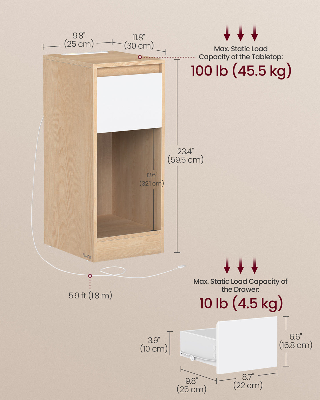 Record Player Stand - Wood - Cloud White - Vinyl Storage with Charging Station and LED Light