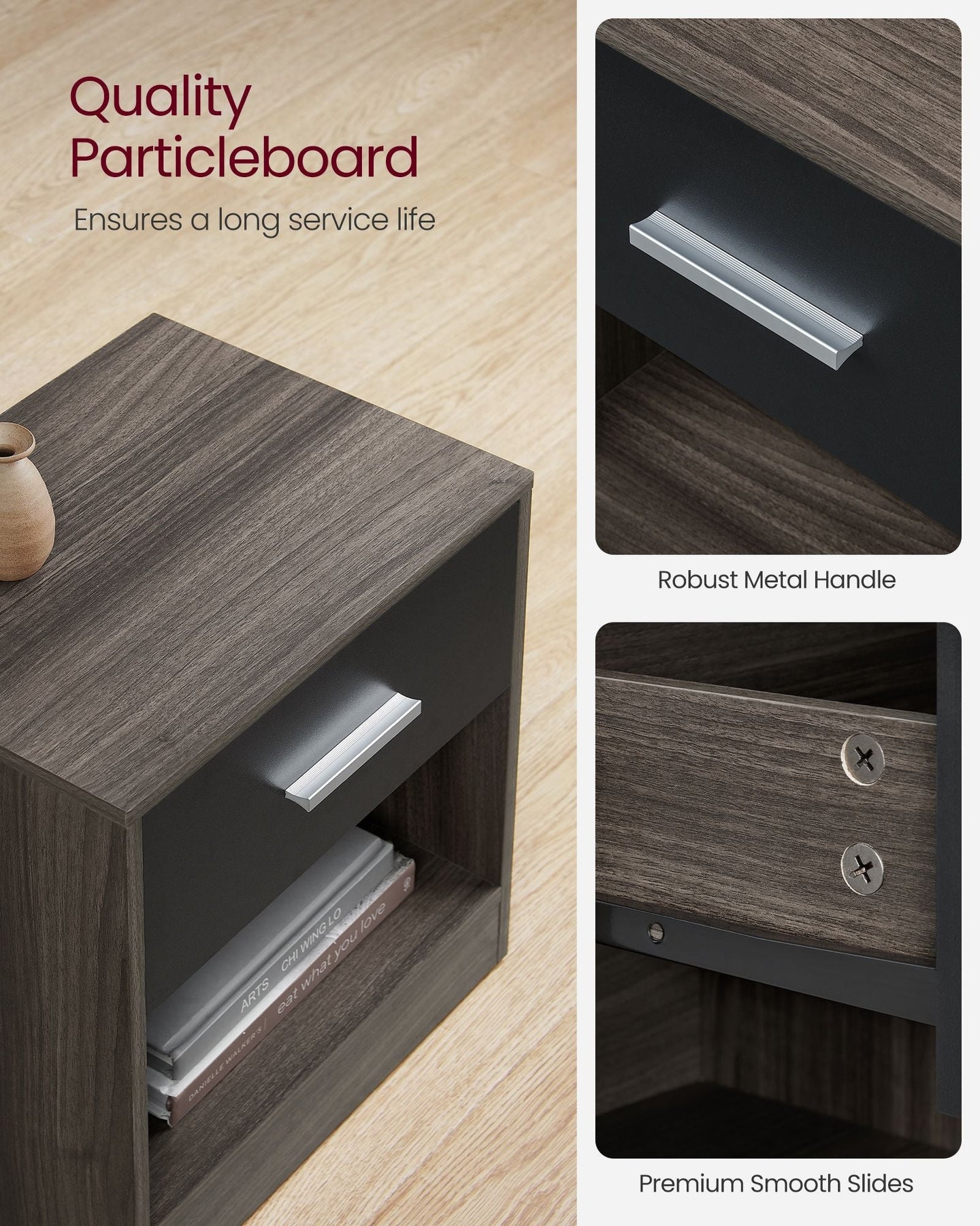 Bedside Table - Particle Board - Brown and Black - Drawer and Open Compartment