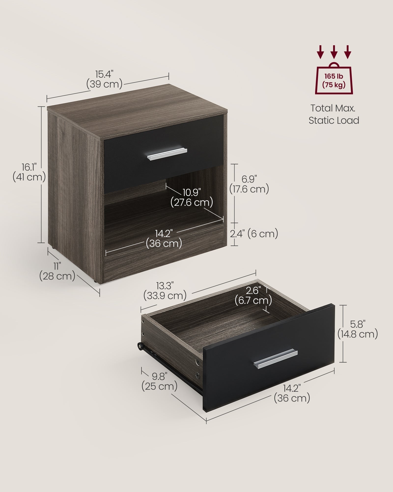 Bedside Table - Particle Board - Brown and Black - Drawer and Open Compartment
