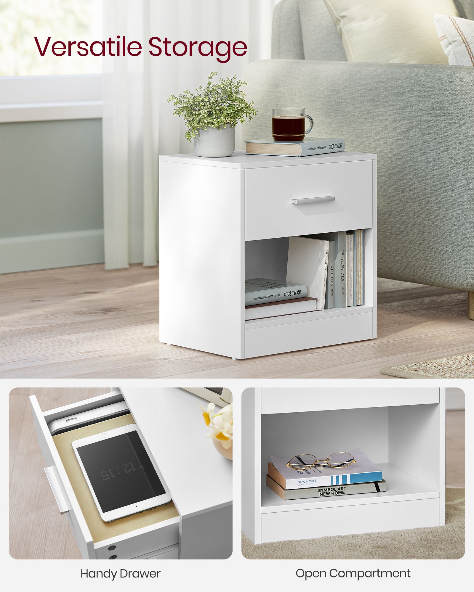 Bedside Table - Wood - Natural Finish - Drawer and Open Compartment