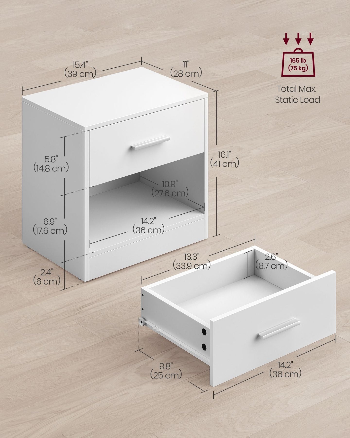 Bedside Table - Wood - Natural Finish - Drawer and Open Compartment