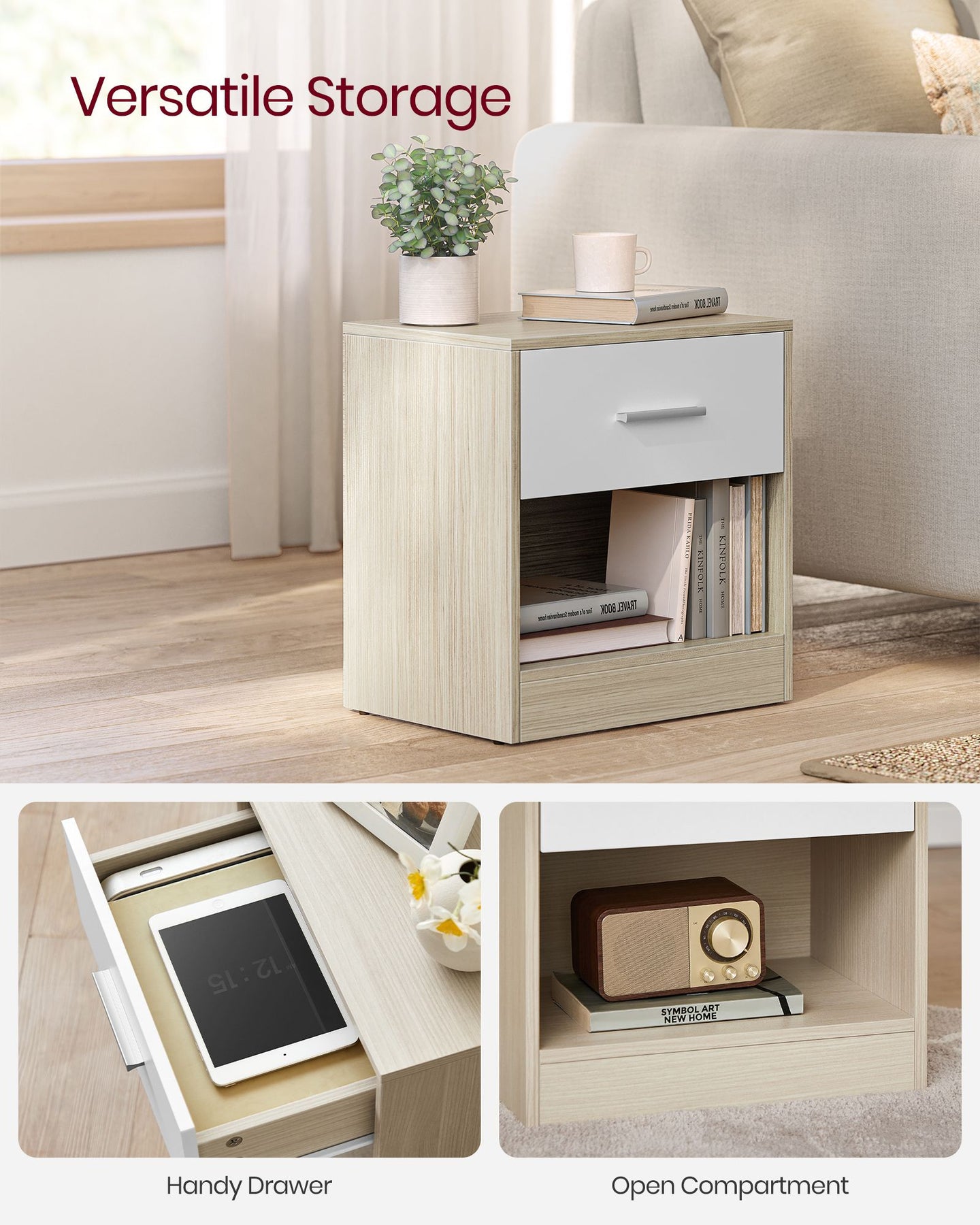 Bedside Table - Wood - Natural Finish - Drawer and Open Compartment
