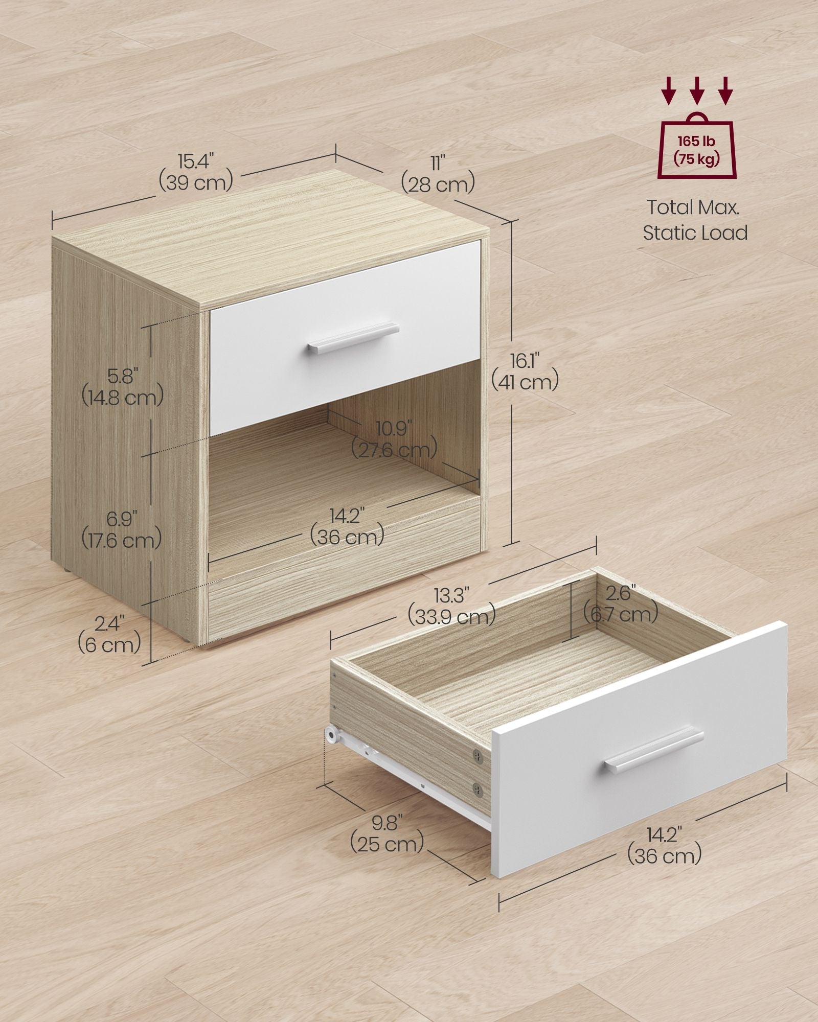 Bedside Table - Wood - Natural Finish - Drawer and Open Compartment