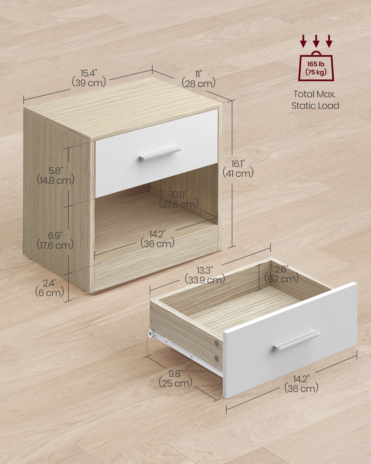 Bedside Table - Wood - Natural Finish - Drawer and Open Compartment