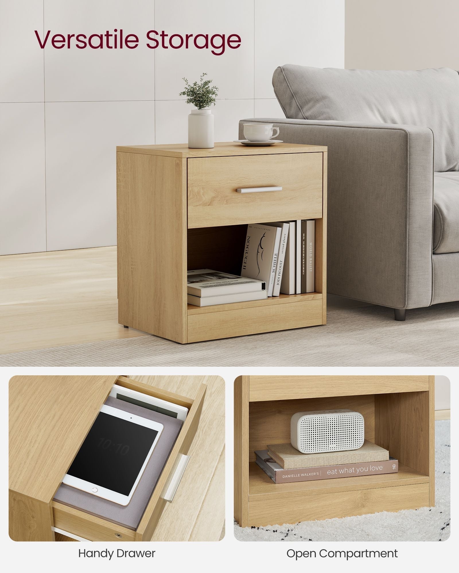 Bedside Table - Wood - Straw Yellow - With Drawer and Open Compartment