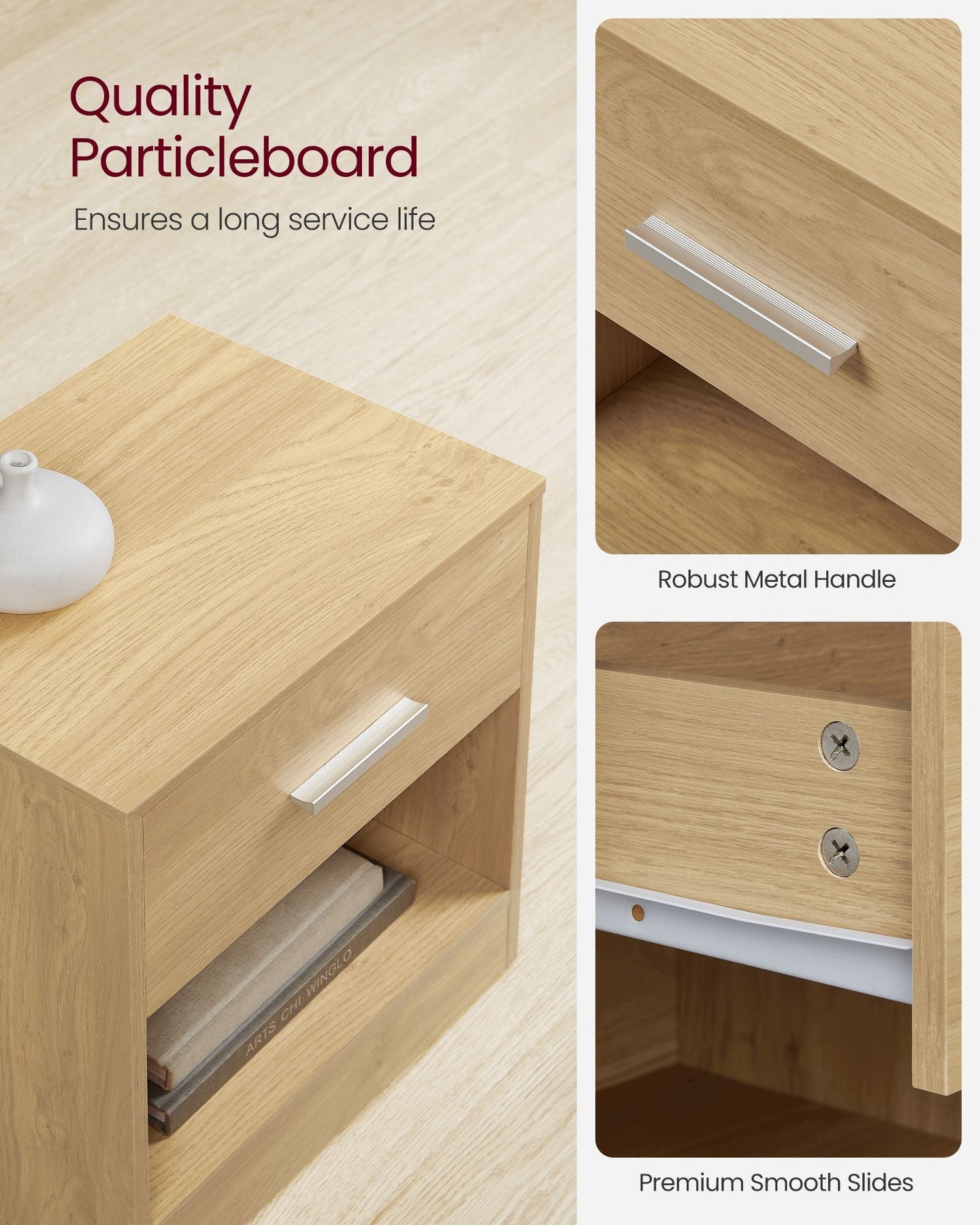 Bedside Table - Wood - Straw Yellow - With Drawer and Open Compartment