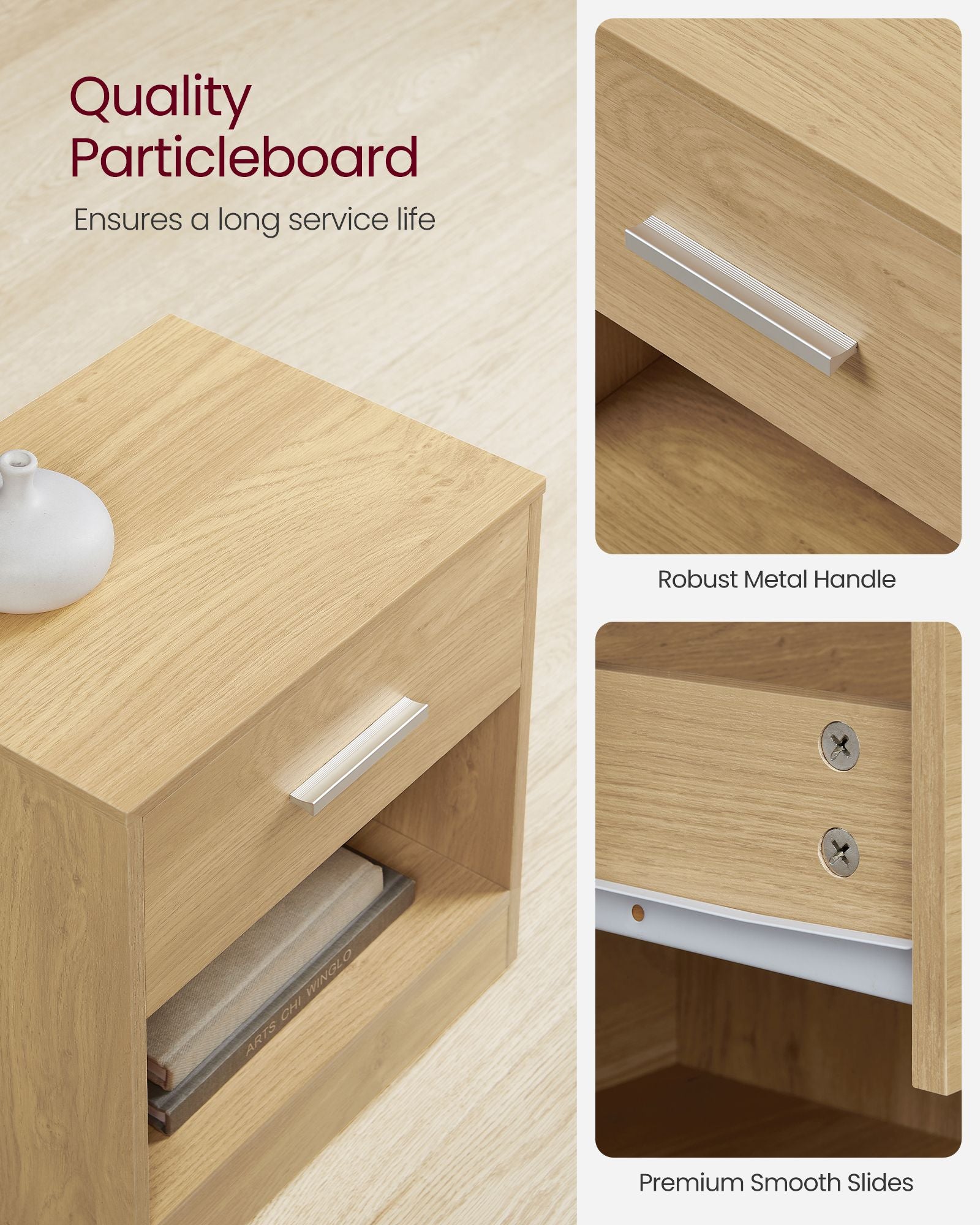 Bedside Table - Wood - Straw Yellow - With Drawer and Open Compartment