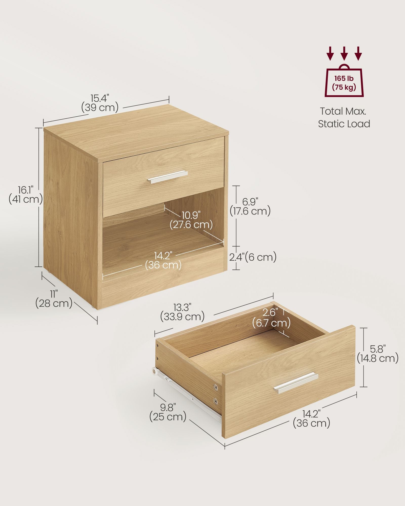 Bedside Table - Wood - Straw Yellow - With Drawer and Open Compartment