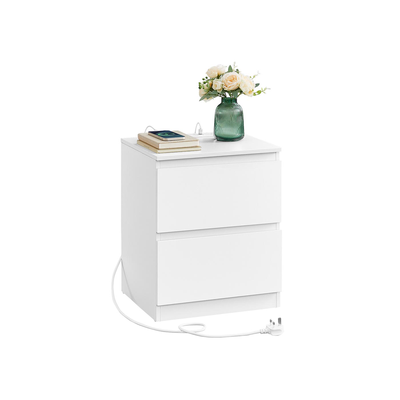 Nightstand - Wood - Cloud White - With Charging Station and Drawers