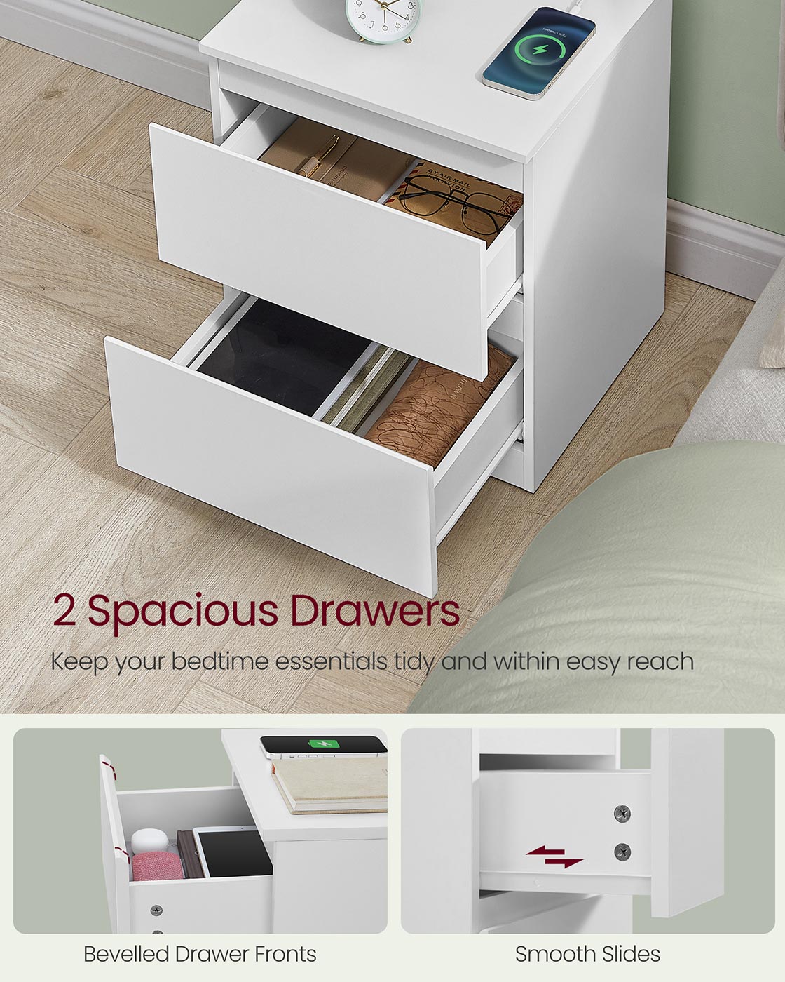 Nightstand - Wood - Cloud White - With Charging Station and Drawers