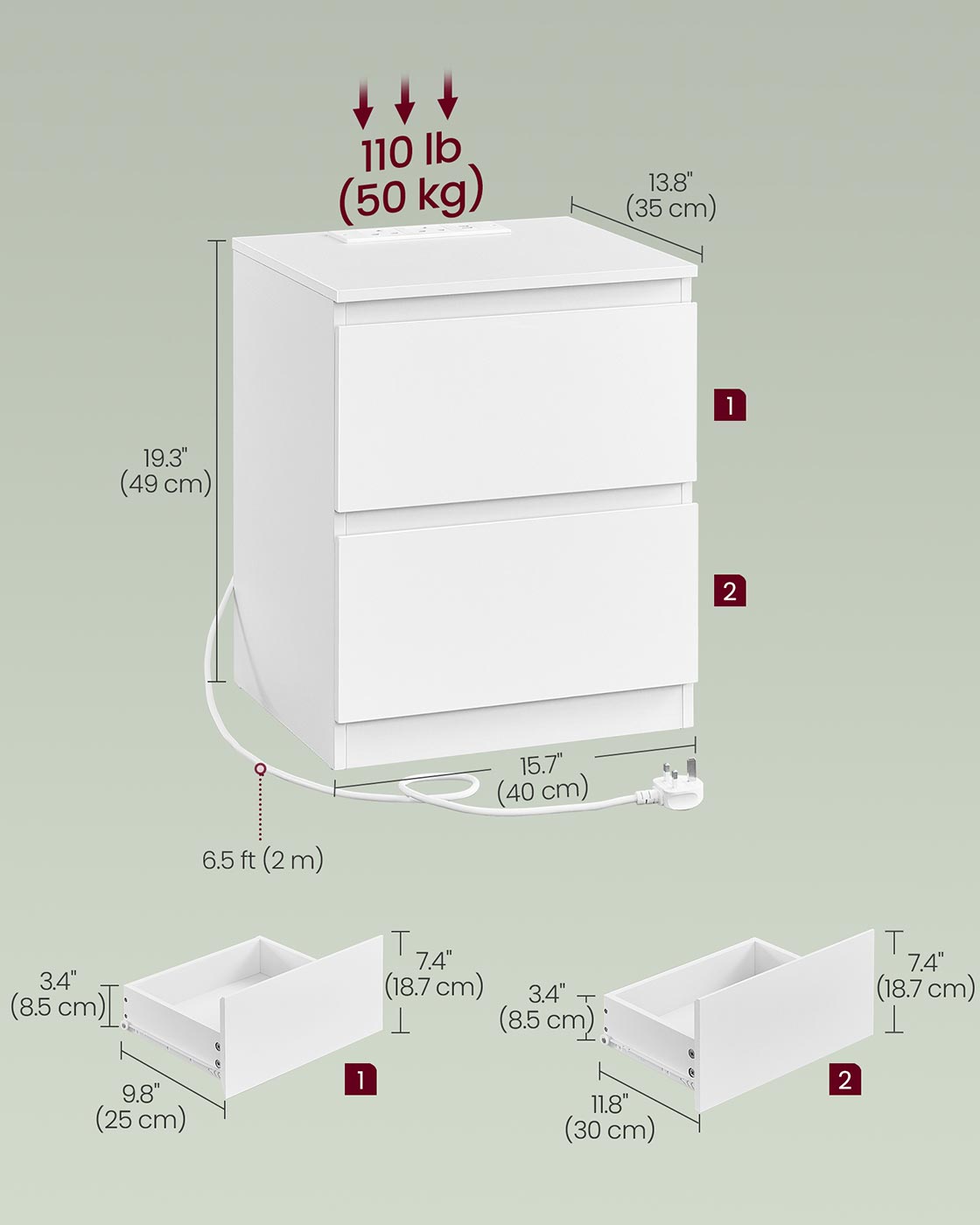 Nightstand - Wood - Cloud White - With Charging Station and Drawers