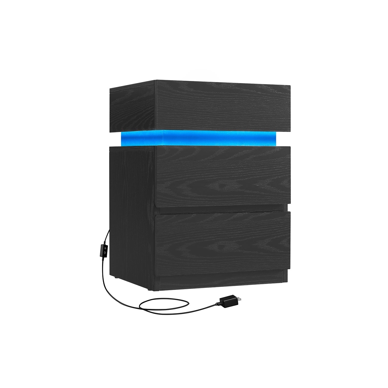 Bedside Table - Wood - Ebony Black - LED Lights with Adjustable Colors and 3 Drawers