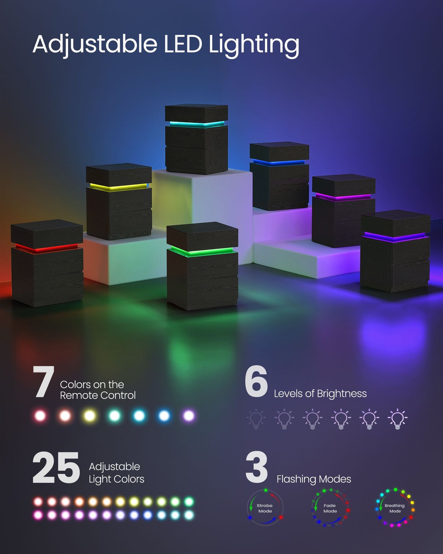 Bedside Table - Wood - Ebony Black - LED Lights with Adjustable Colors and 3 Drawers