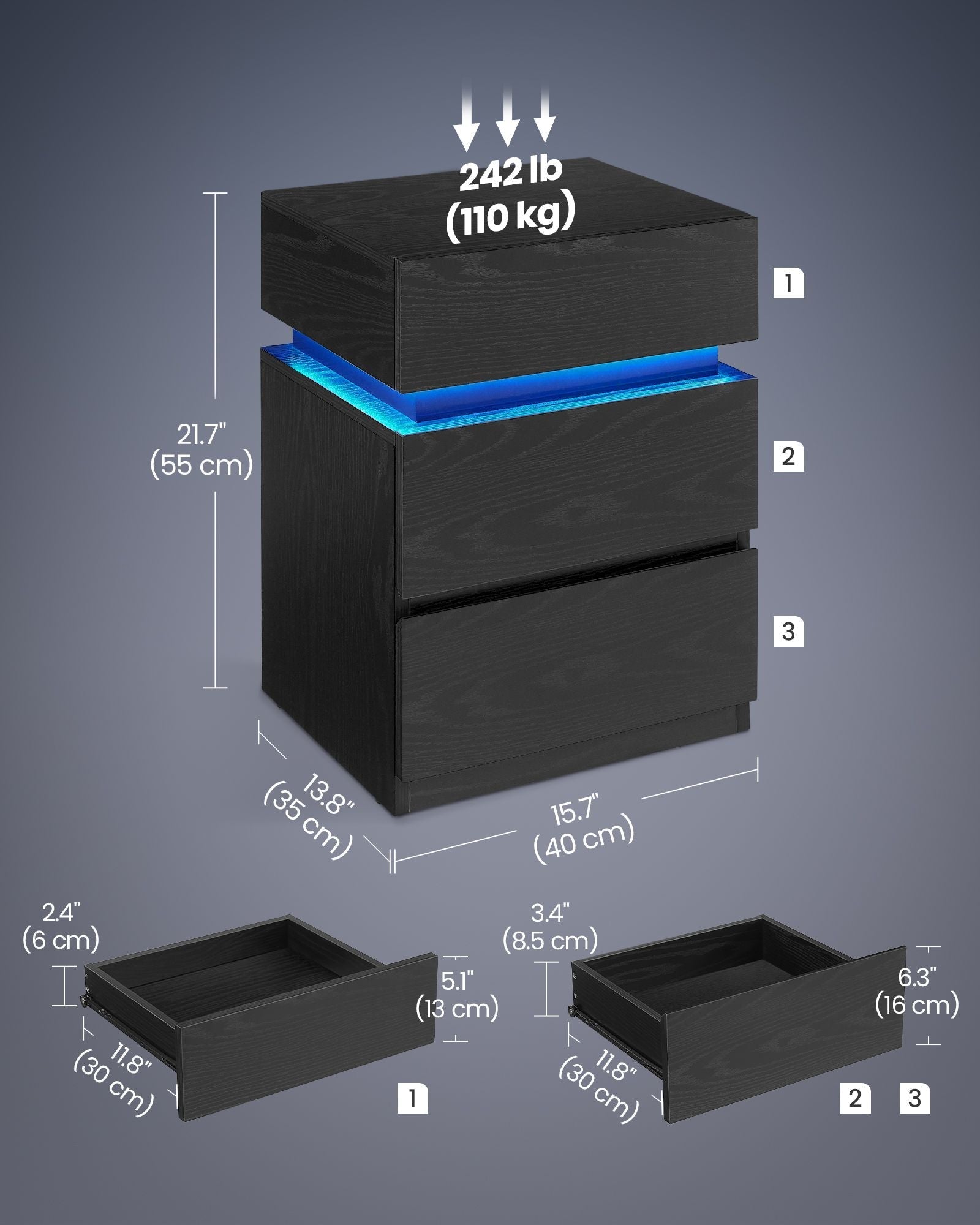 Bedside Table - Wood - Ebony Black - LED Lights with Adjustable Colors and 3 Drawers