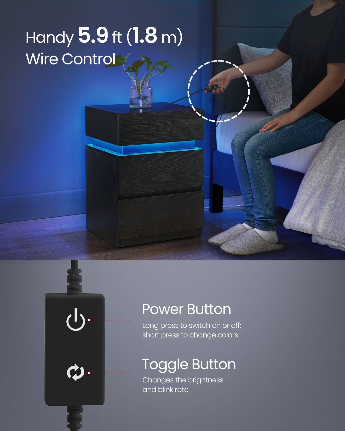 Bedside Table - Wood - Ebony Black - LED Lights with Adjustable Colors and 3 Drawers