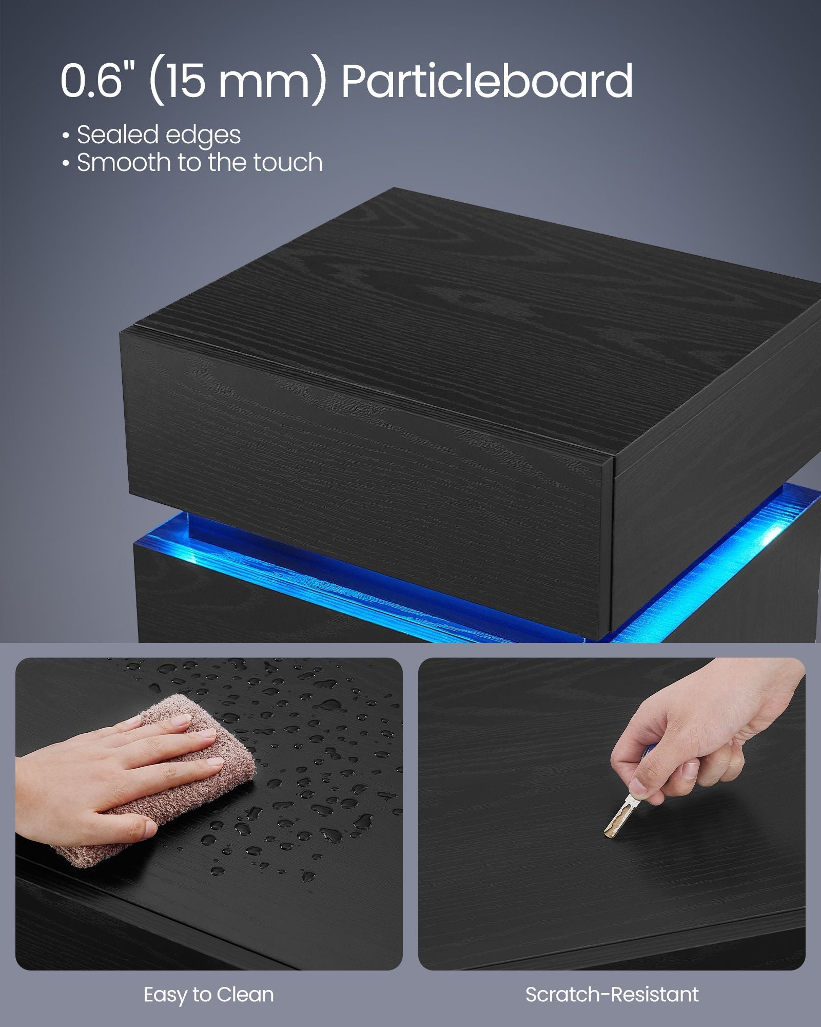 Bedside Table - Wood - Ebony Black - LED Lights with Adjustable Colors and 3 Drawers