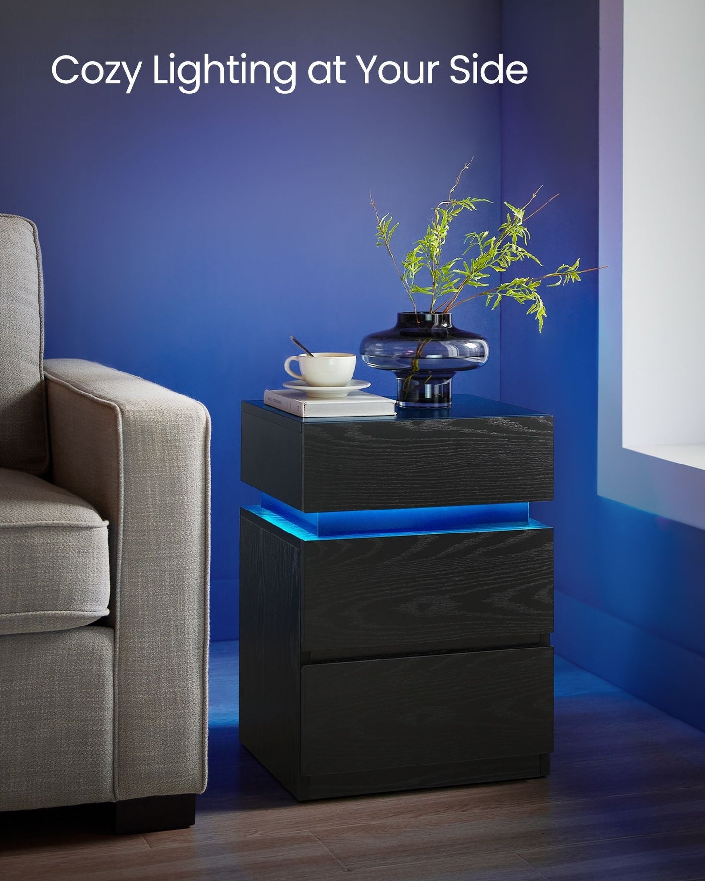 Bedside Table - Wood - Ebony Black - LED Lights with Adjustable Colors and 3 Drawers
