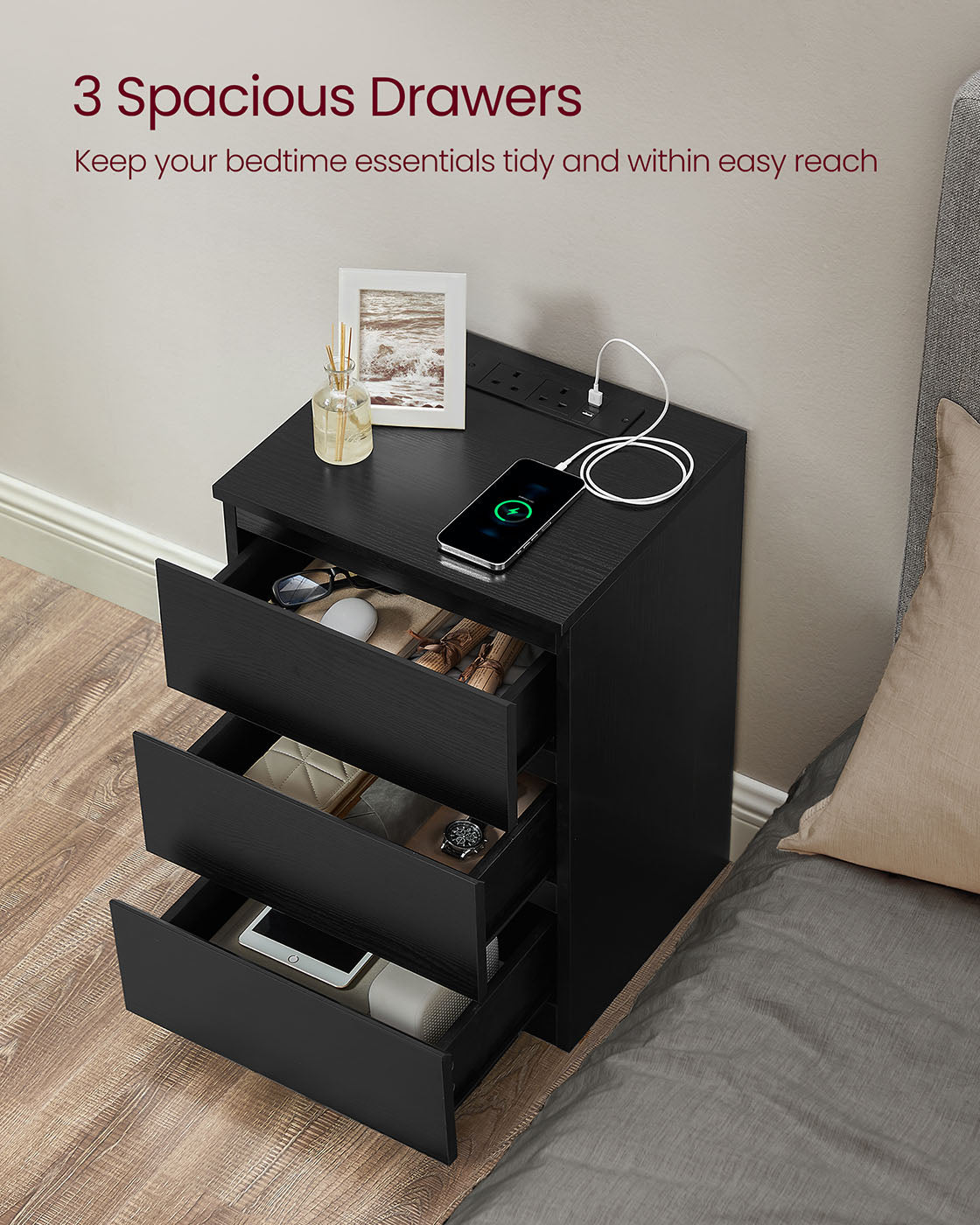 Bedside Table - Engineered Wood - Ebony Black - 3 Drawers with Charging Station