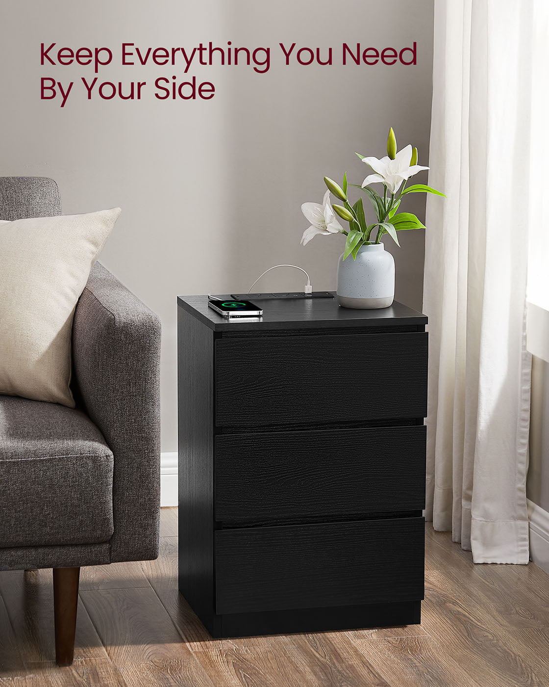 Bedside Table - Engineered Wood - Ebony Black - 3 Drawers with Charging Station