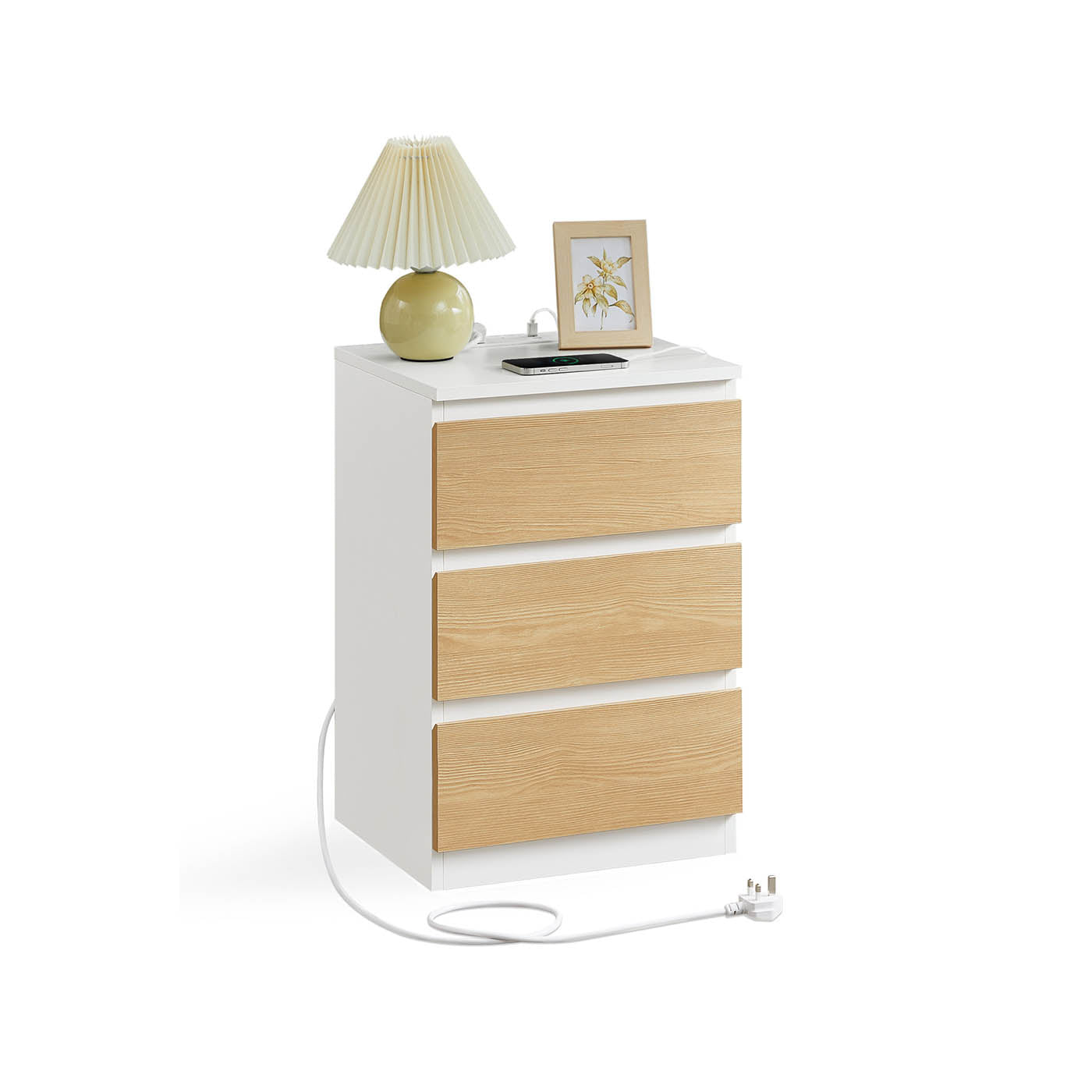 Bedside Table - Engineered Wood - Cloud White - Integrated Charging Station