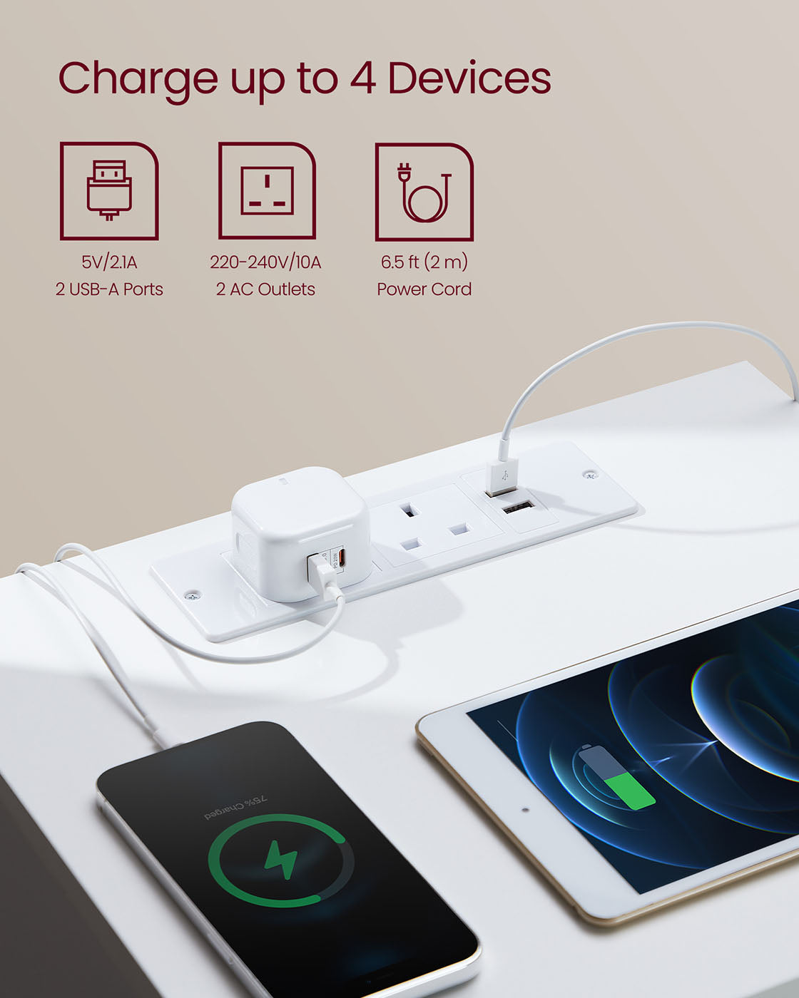 Bedside Table - Engineered Wood - Cloud White - Integrated Charging Station