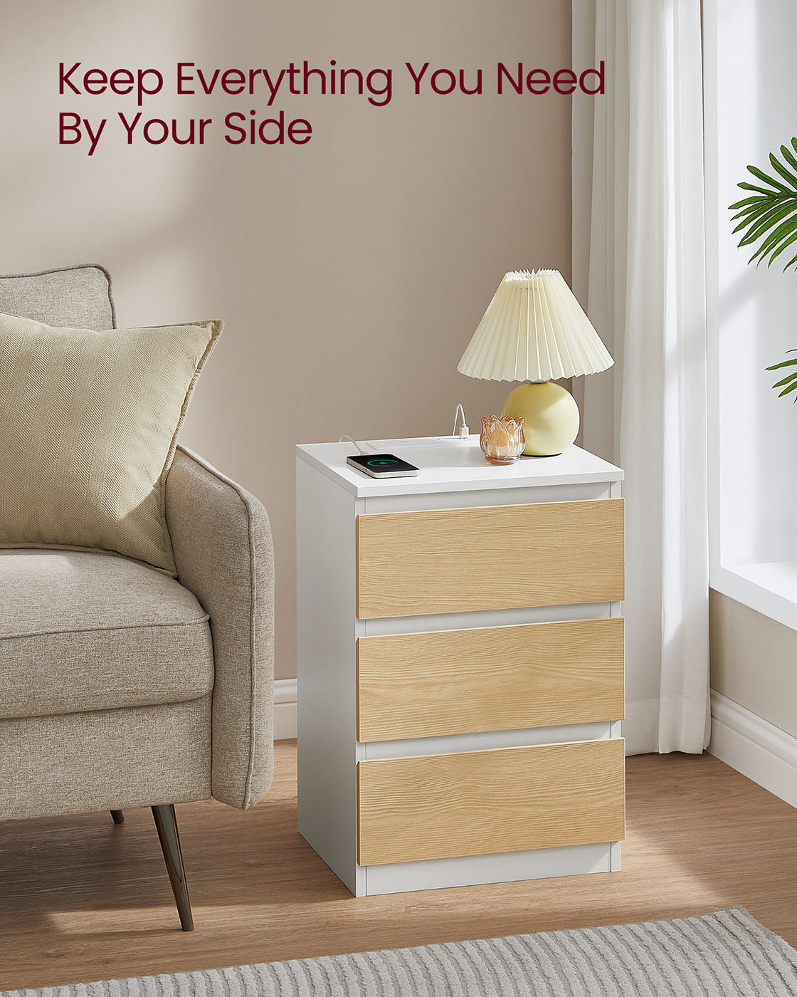 Bedside Table - Engineered Wood - Cloud White - Integrated Charging Station