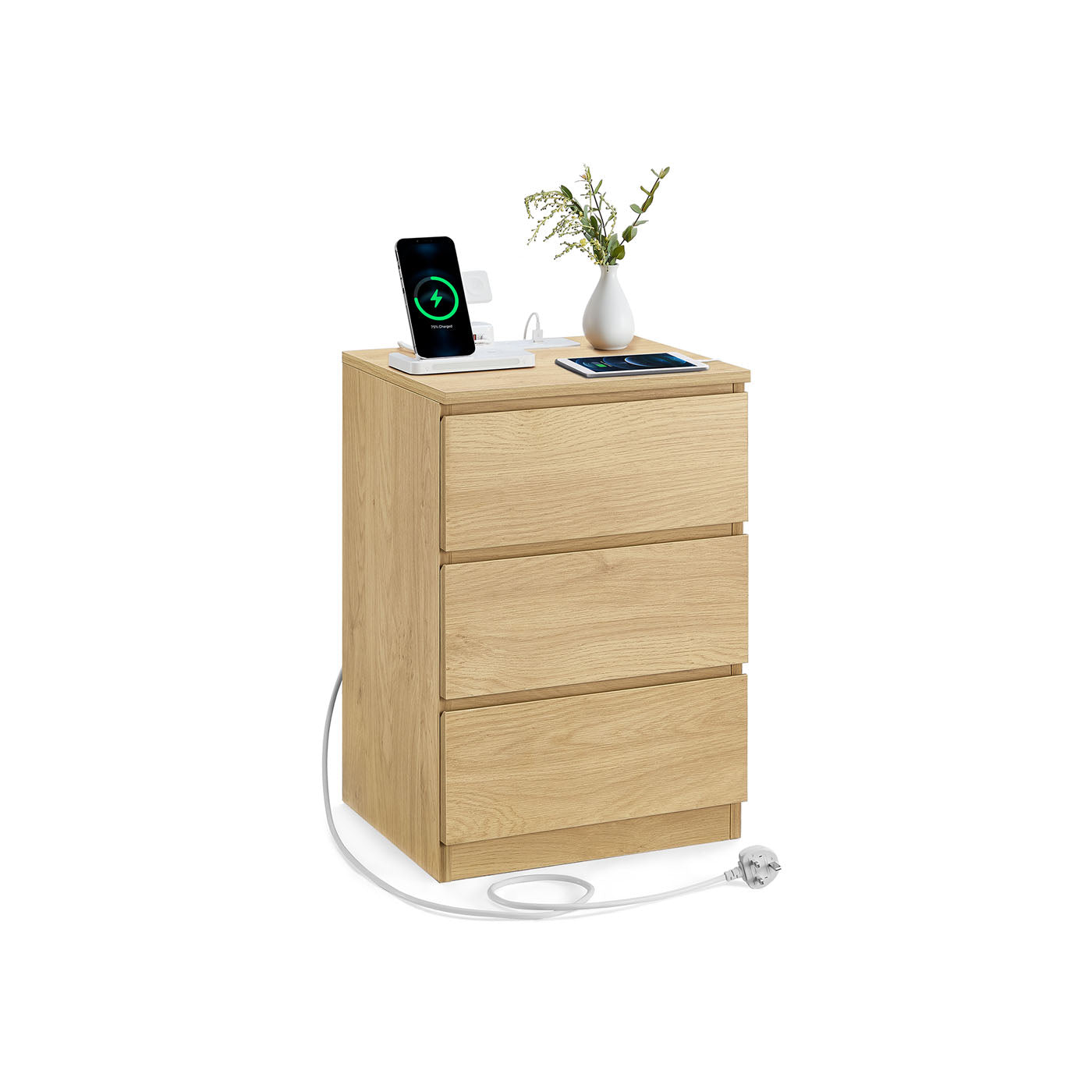 Bedside Table - Wood - Straw Yellow - With Charging Station and Drawers