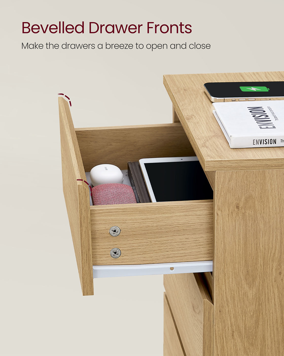 Bedside Table - Wood - Straw Yellow - With Charging Station and Drawers