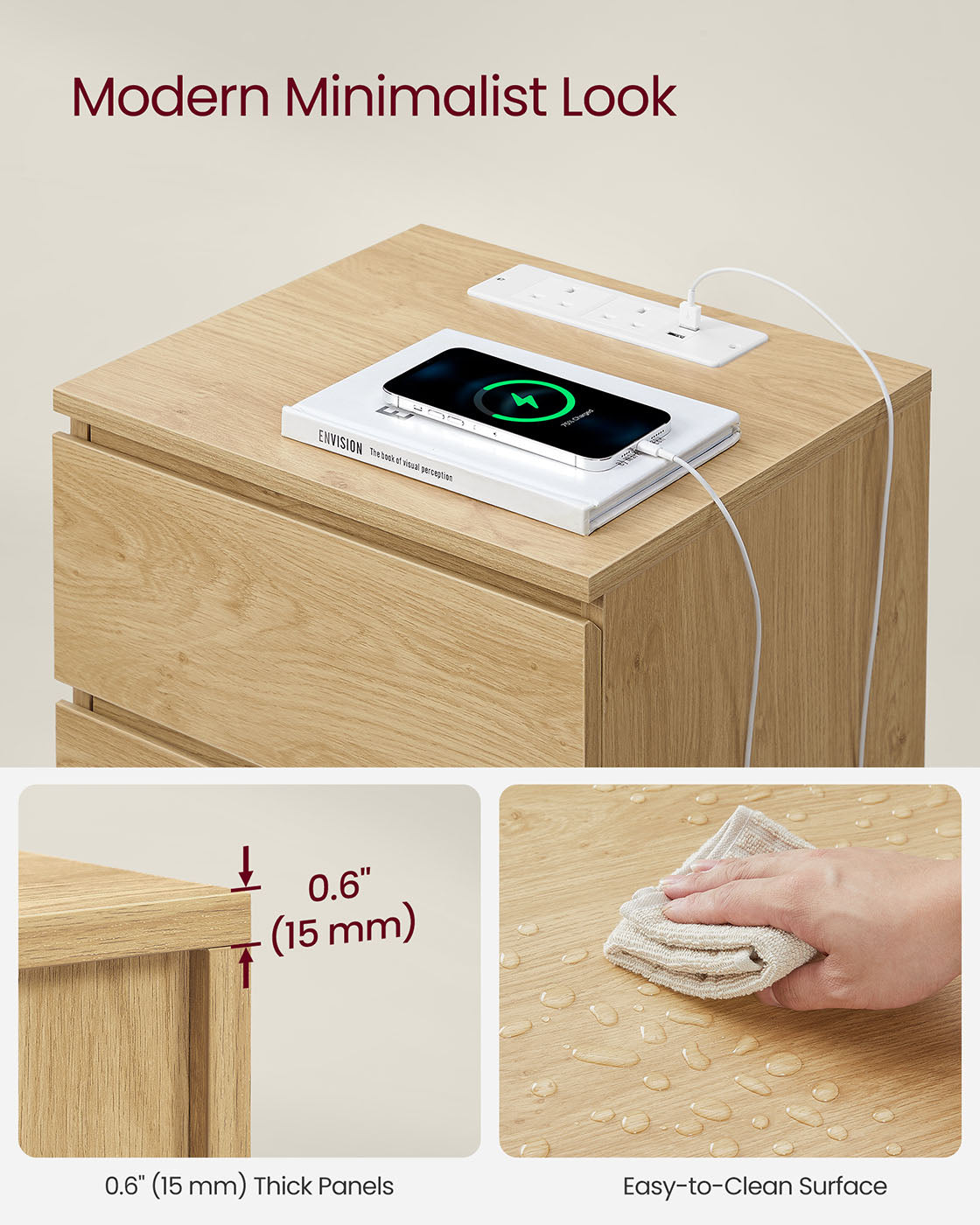 Bedside Table - Wood - Straw Yellow - With Charging Station and Drawers