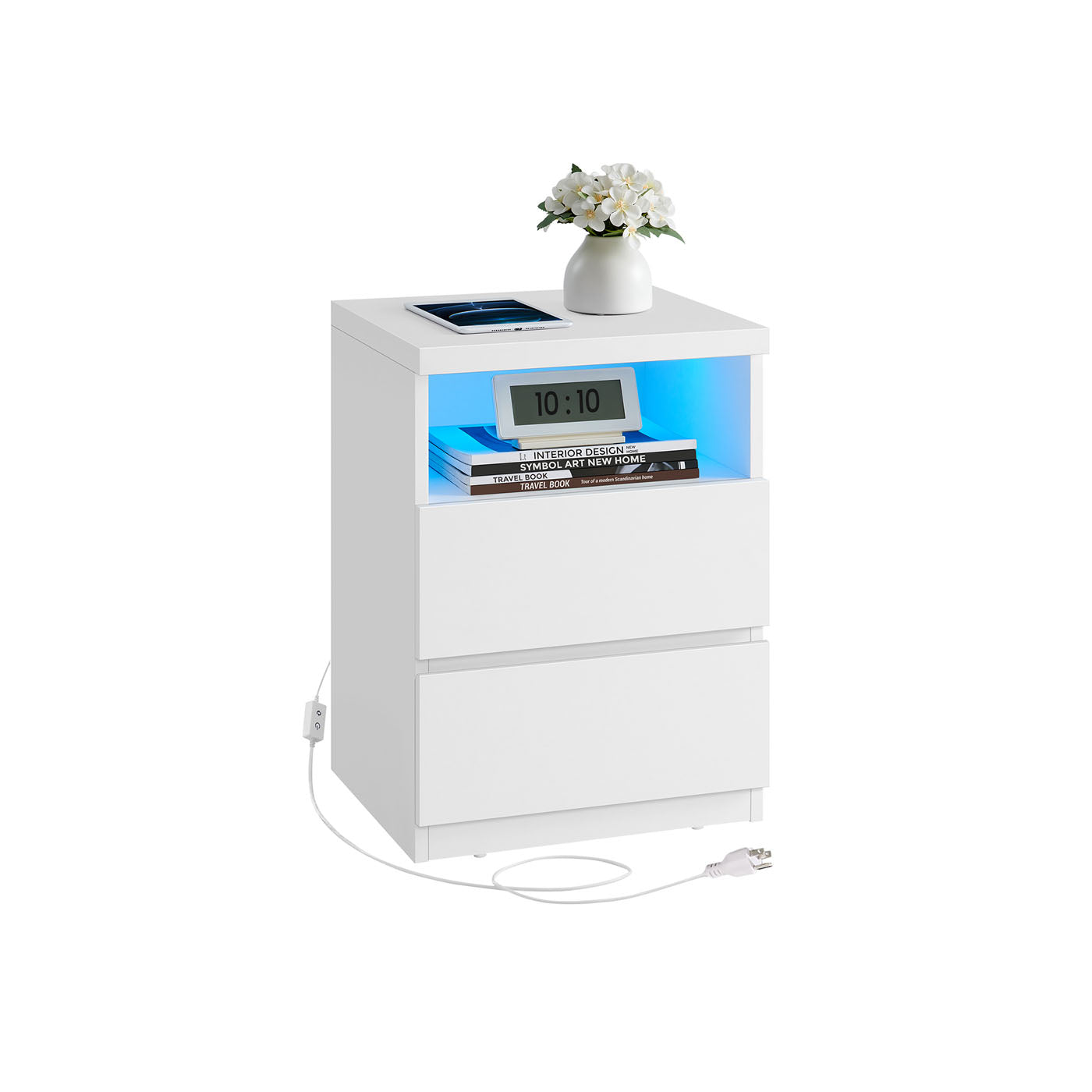 Nightstand - Wood - White - Modern Minimalist with Adjustable LED Light and Drawers