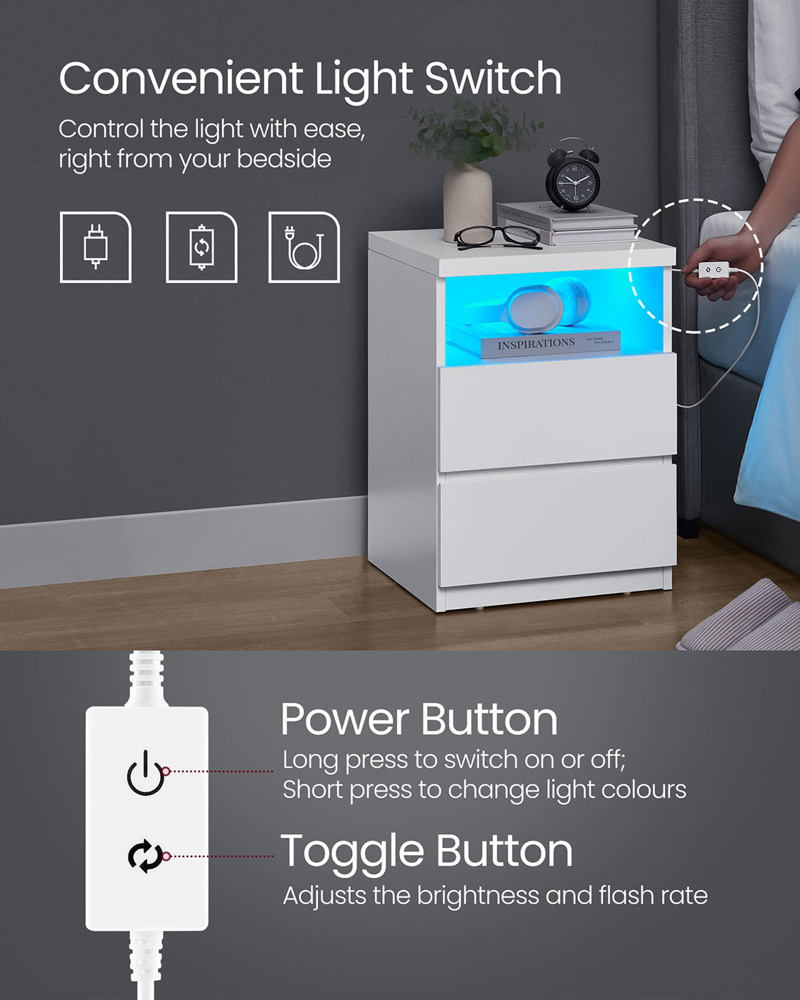 Nightstand - Wood - White - Modern Minimalist with Adjustable LED Light and Drawers