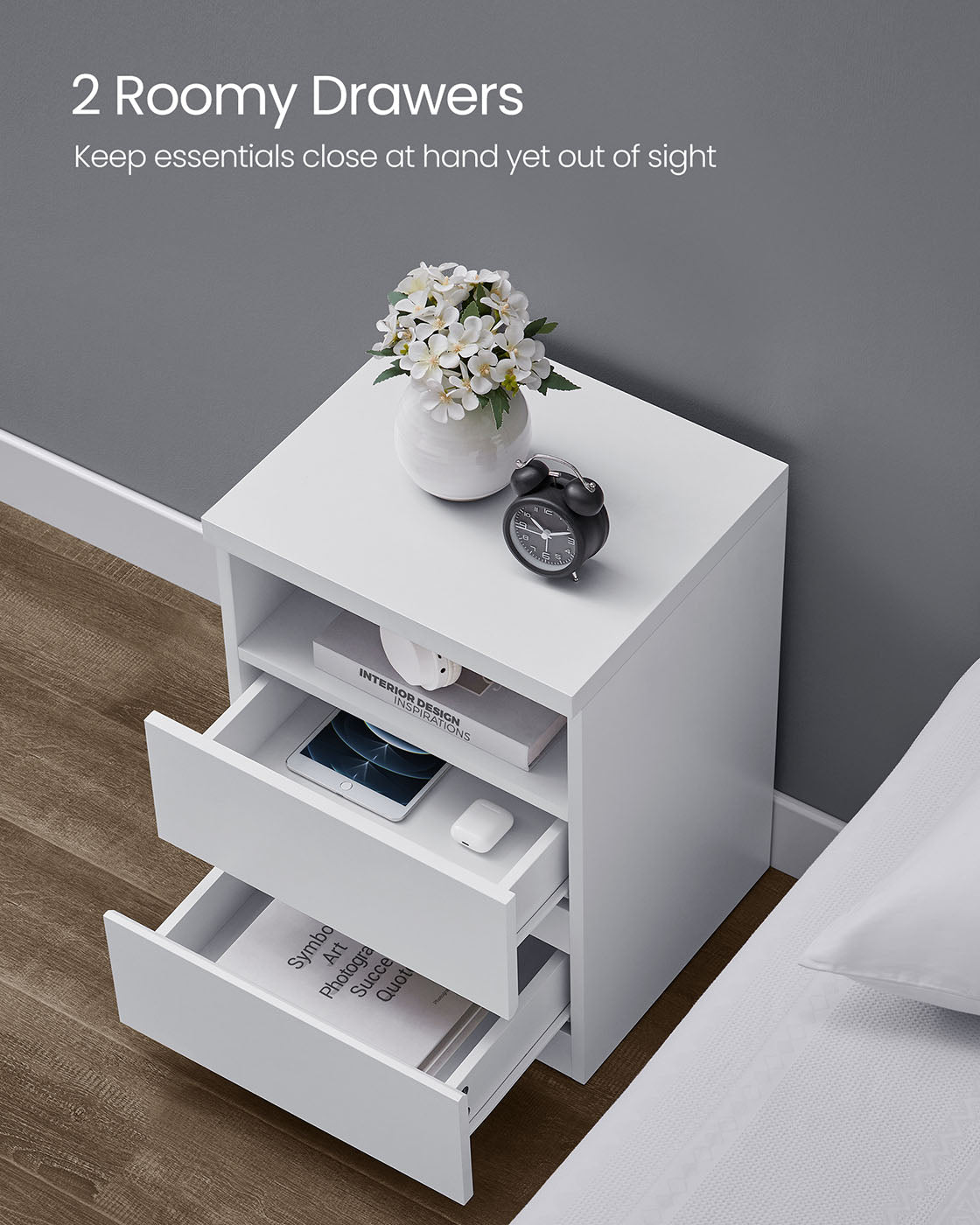 Nightstand - Wood - White - Modern Minimalist with Adjustable LED Light and Drawers