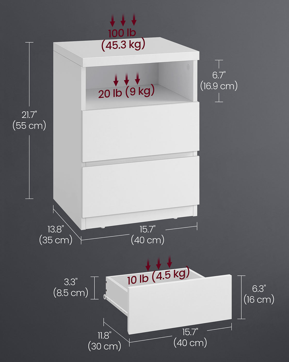 Nightstand - Wood - White - Modern Minimalist with Adjustable LED Light and Drawers