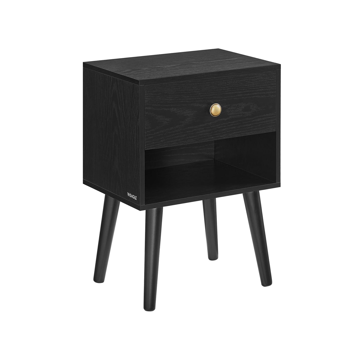 Bedside Table - Solid Wood - Ebony Black - Storage Drawer and Open Shelf
