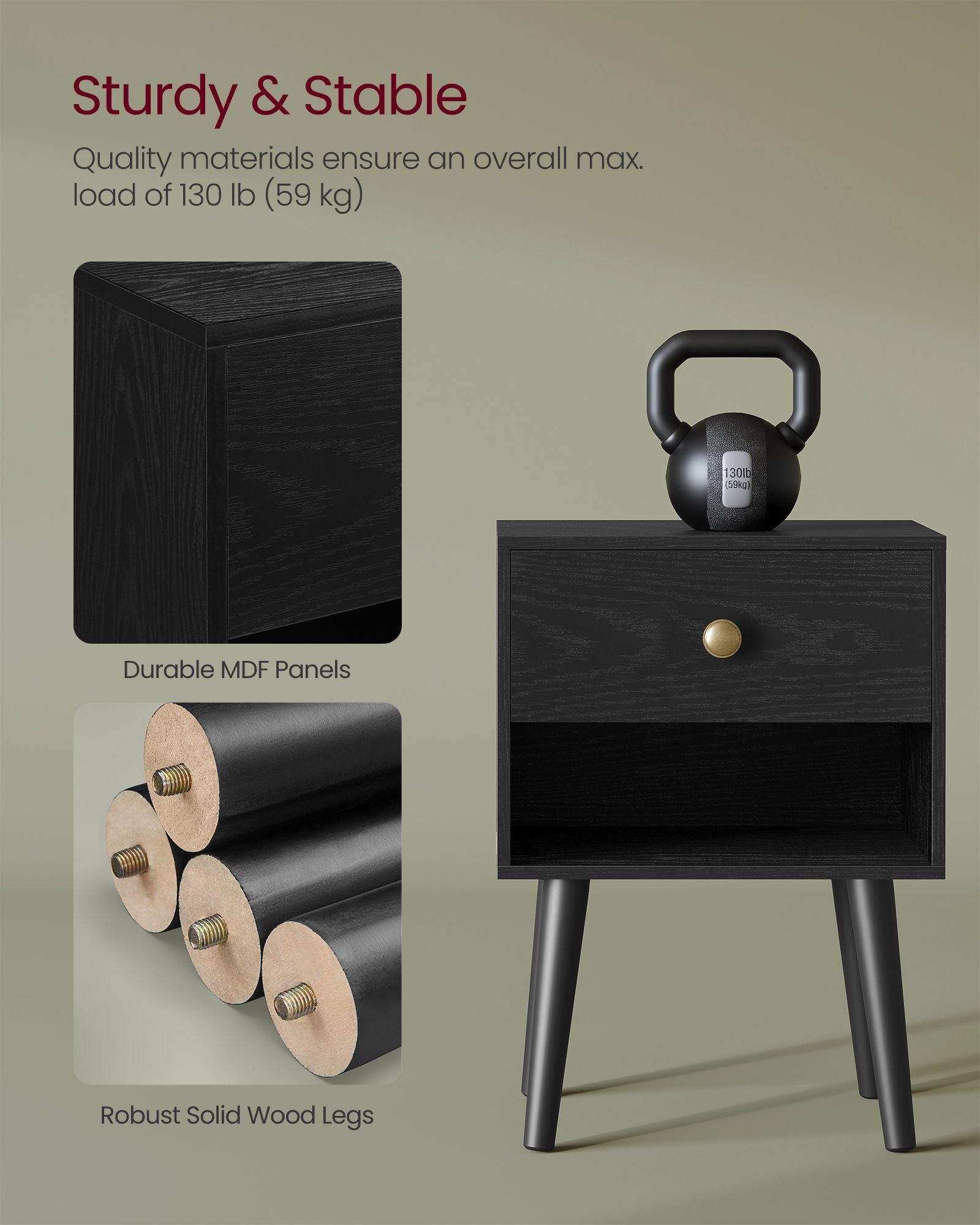 Bedside Table - Solid Wood - Ebony Black - Storage Drawer and Open Shelf