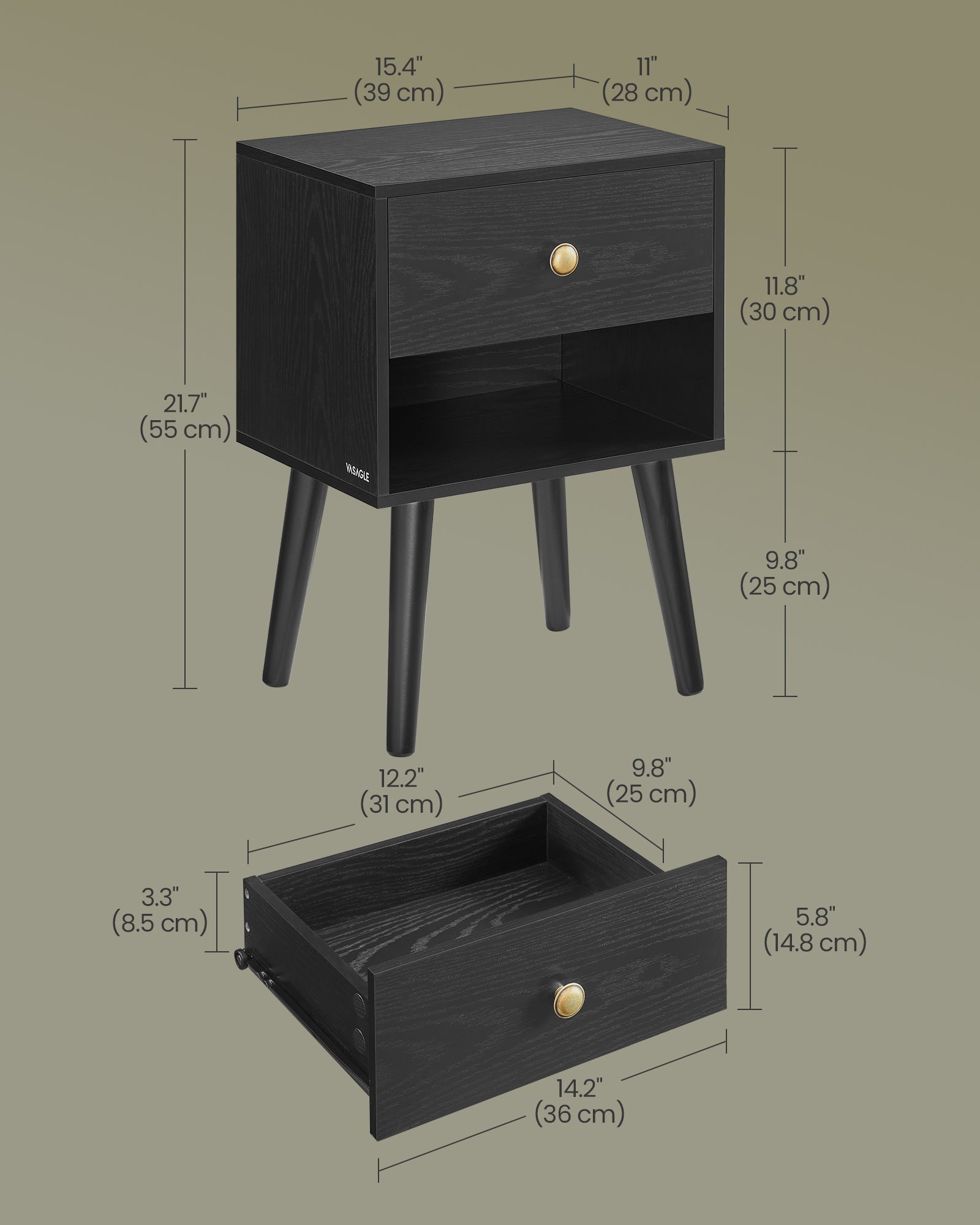 Bedside Table - Solid Wood - Ebony Black - Storage Drawer and Open Shelf