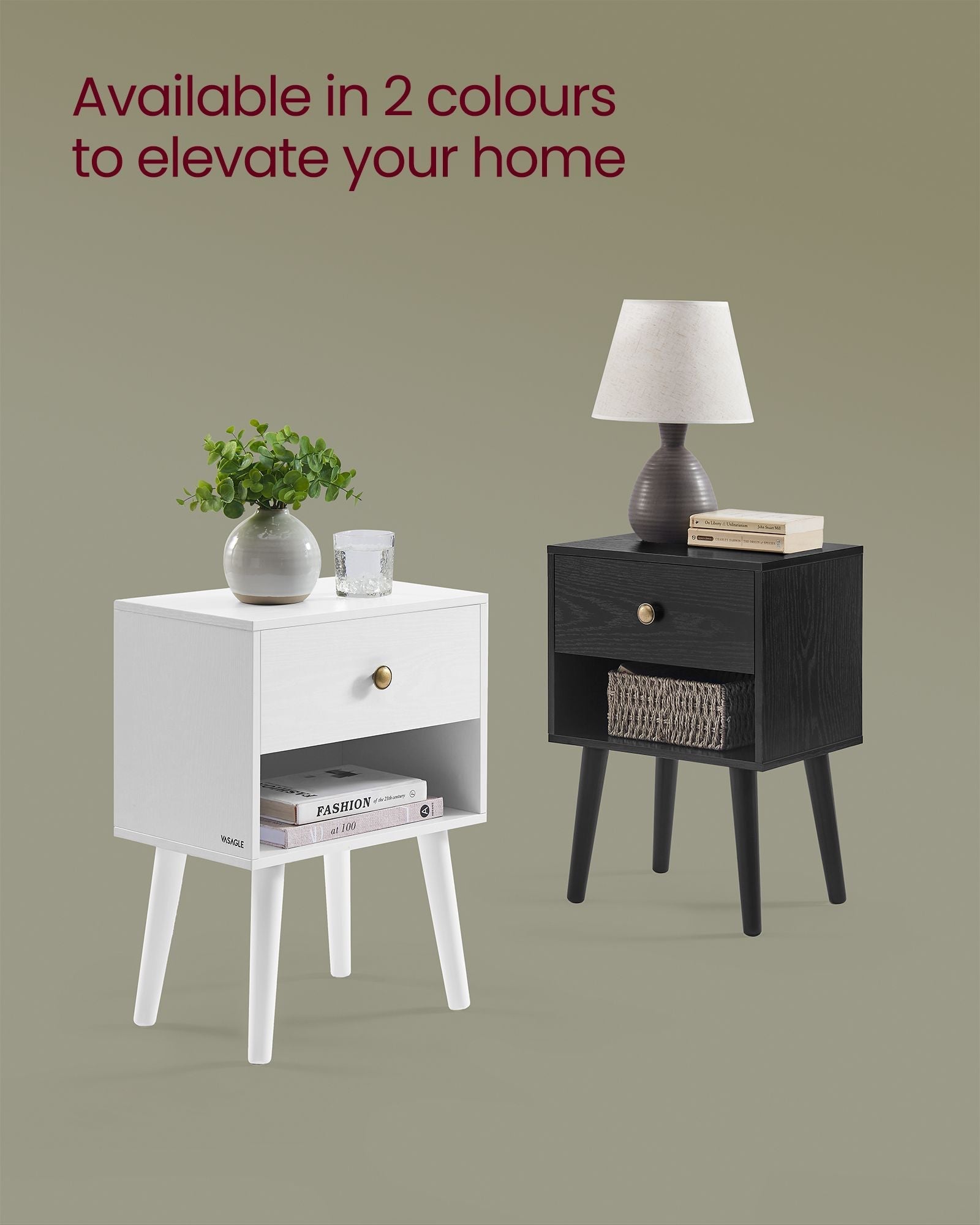 Bedside Table - Solid Wood - Ebony Black - Storage Drawer and Open Shelf