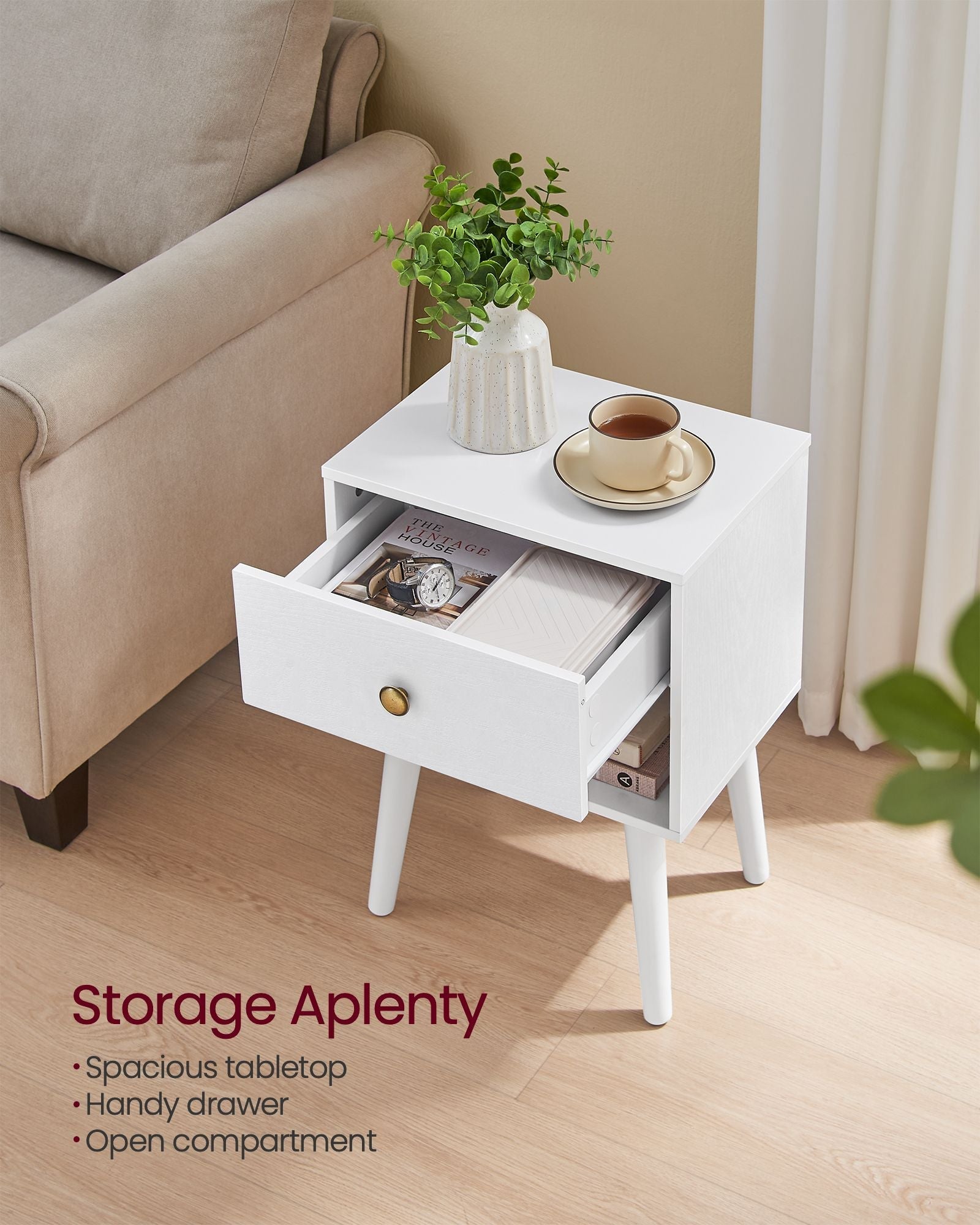 Bedside Table - Solid Wood - Cloud White - Storage Drawer and Open Shelf