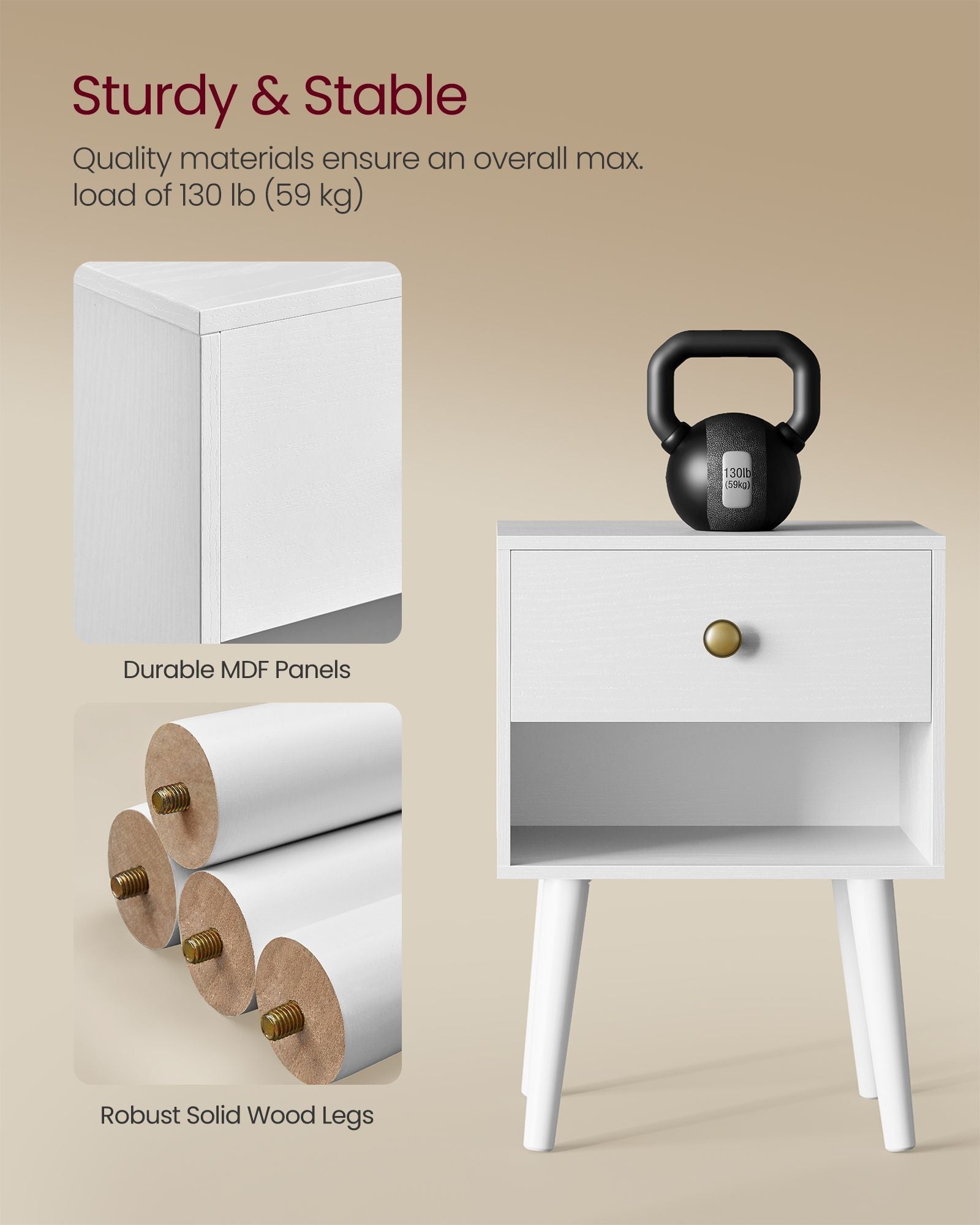 Bedside Table - Solid Wood - Cloud White - Storage Drawer and Open Shelf