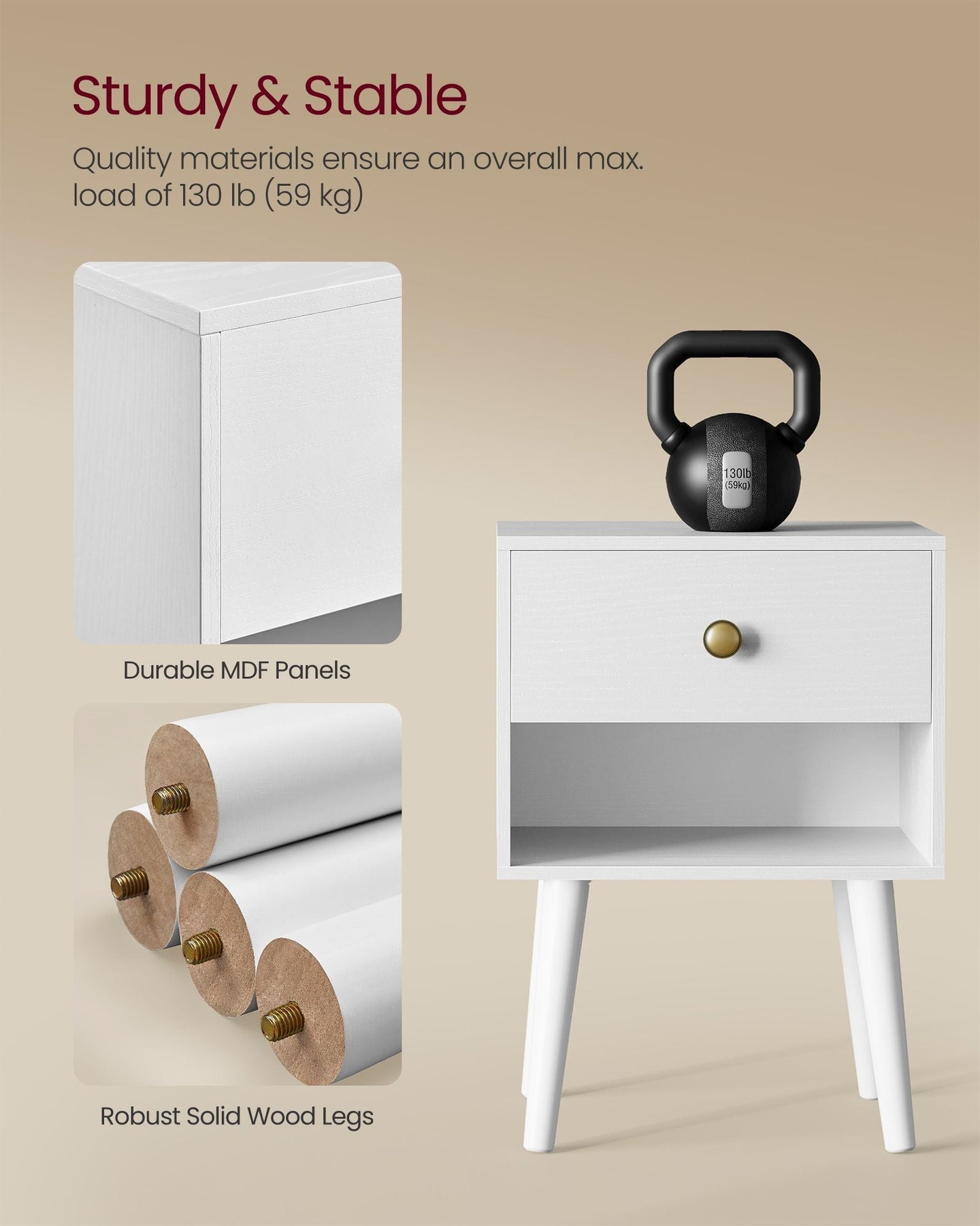 Bedside Table - Solid Wood - Cloud White - Storage Drawer and Open Shelf